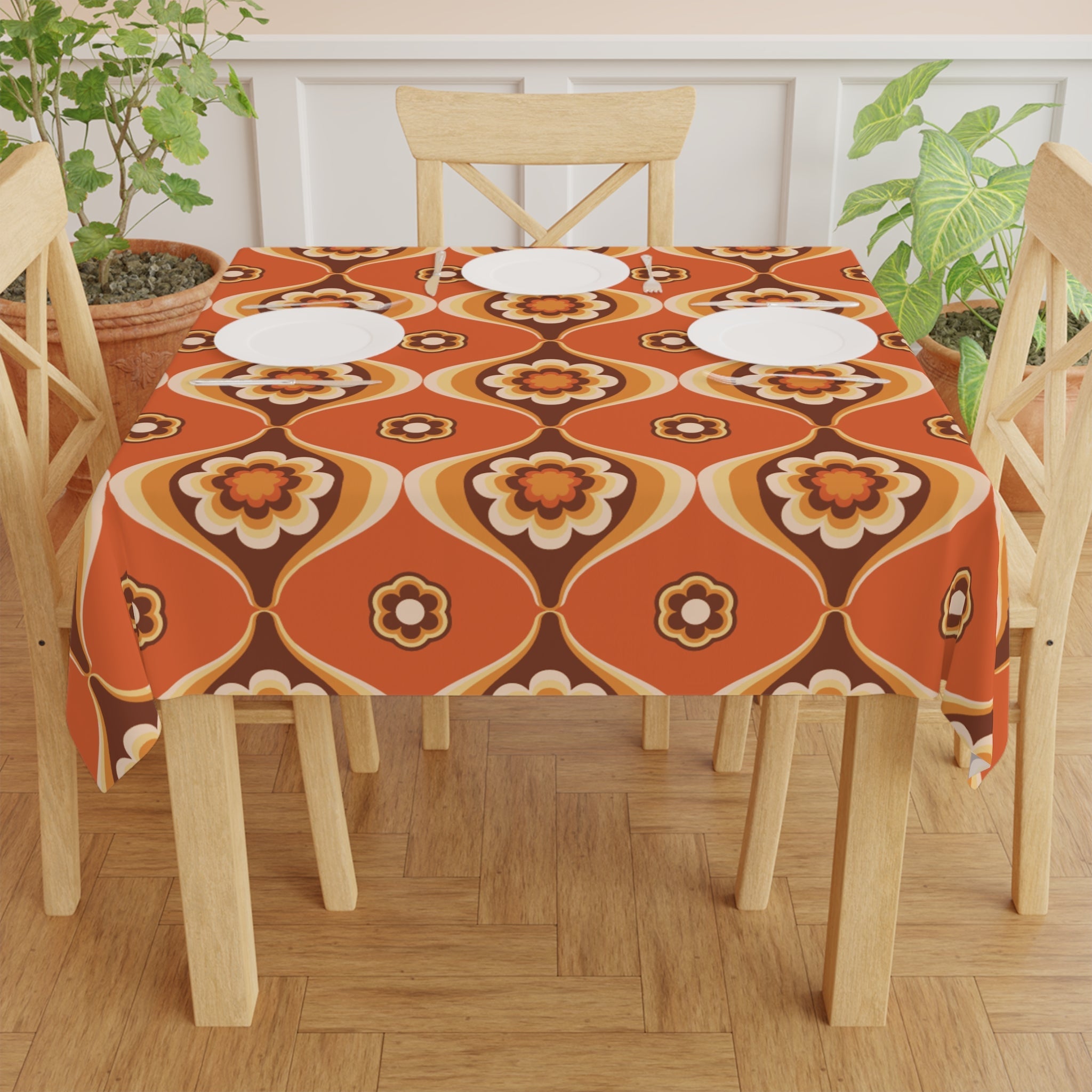 Kate McEnroe New York Mid Century Modern Flower Power Orange Brown Tablecloth, Retro 70s Groovy Dining AccentTablecloths22467118065939254784