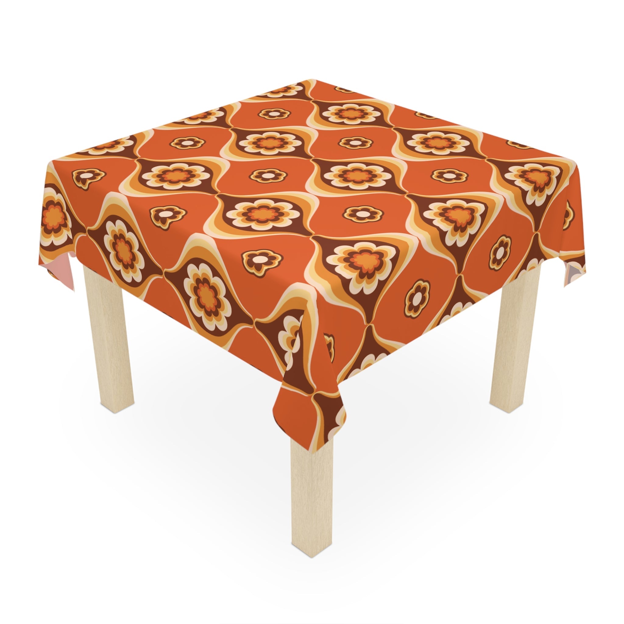 Kate McEnroe New York Mid Century Modern Flower Power Orange Brown Tablecloth, Retro 70s Groovy Dining AccentTablecloths22467118065939254784