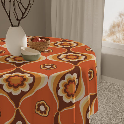 Kate McEnroe New York Mid Century Modern Flower Power Orange Brown Tablecloth, Retro 70s Groovy Dining AccentTablecloths22467118065939254784