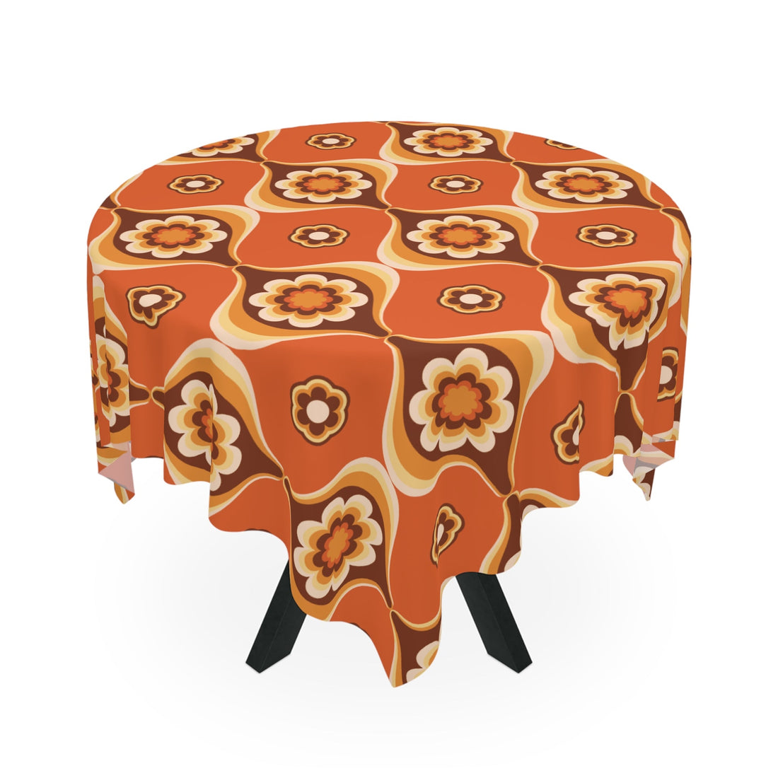 Kate McEnroe New York Mid Century Modern Flower Power Orange Brown Tablecloth, Retro 70s Groovy Dining AccentTablecloths22467118065939254784