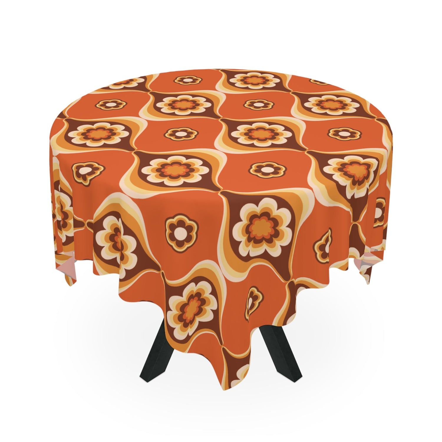 Kate McEnroe New York Mid Century Modern Flower Power Orange Brown Tablecloth, Retro 70s Groovy Dining AccentTablecloths22467118065939254784
