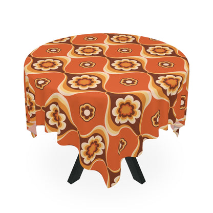 Kate McEnroe New York Mid Century Modern Flower Power Orange Brown Tablecloth, Retro 70s Groovy Dining AccentTablecloths22467118065939254784