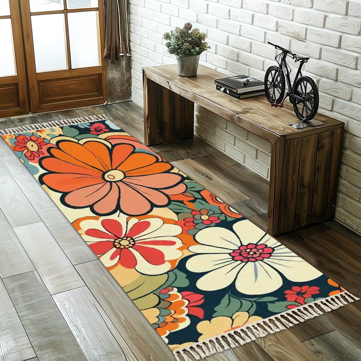 Kate McEnroe New York Mid Century Modern Flower Power Runner Rug, Retro 70s Bold Daisy Area Carpet, Boho Chic Floral Hallway Tassel RugRugs &amp; MatsvmoklgeJjn