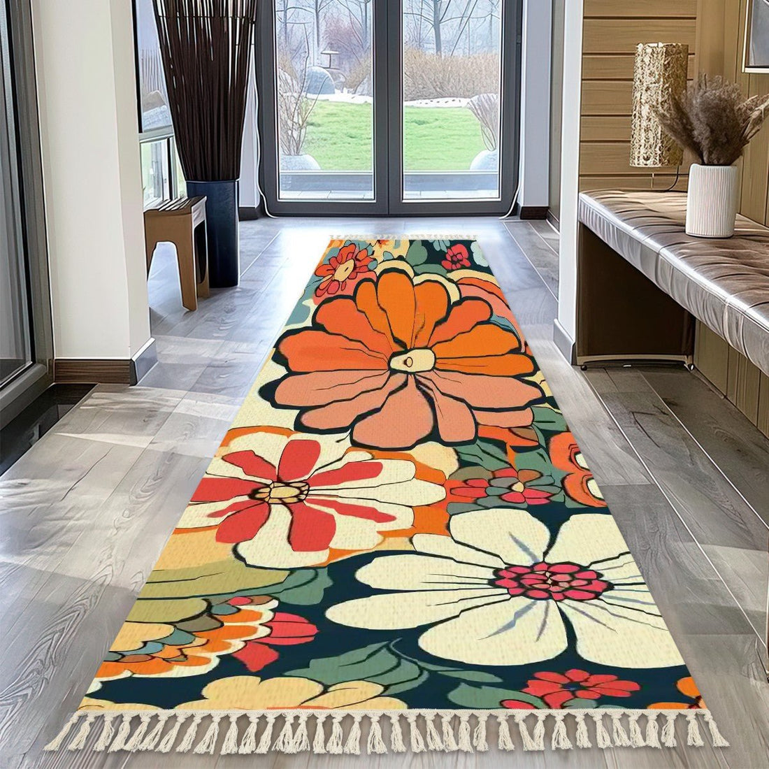 Kate McEnroe New York Mid Century Modern Flower Power Runner Rug, Retro 70s Bold Daisy Area Carpet, Boho Chic Floral Hallway Tassel RugRugs &amp; MatsvmoklgeJjn