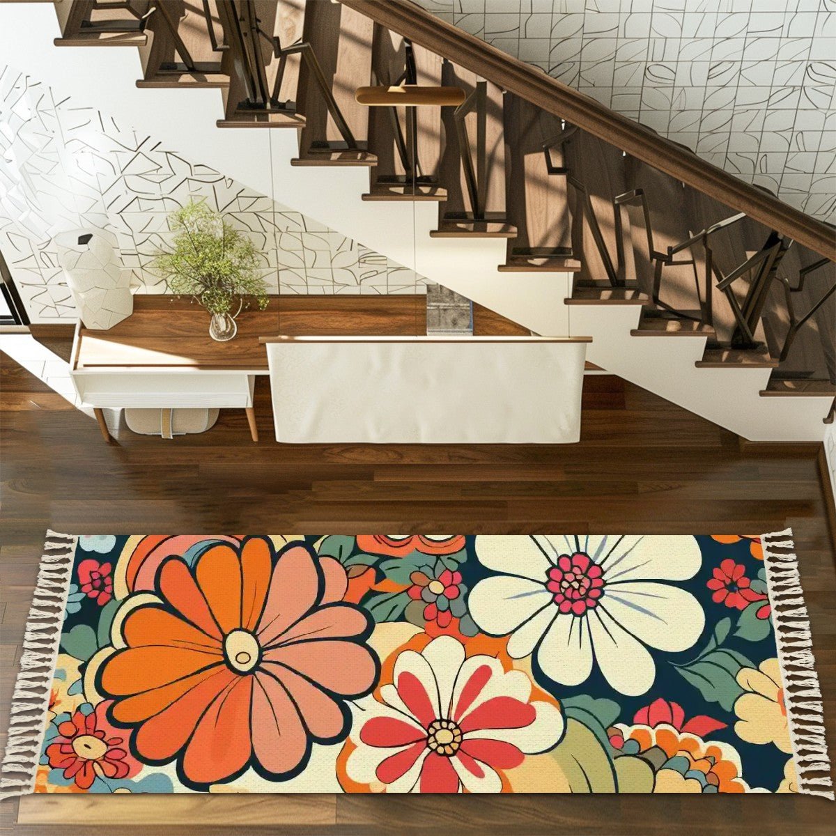 Kate McEnroe New York Mid Century Modern Flower Power Runner Rug, Retro 70s Bold Daisy Area Carpet, Boho Chic Floral Hallway Tassel RugRugs &amp; MatsvmoklgeJjn