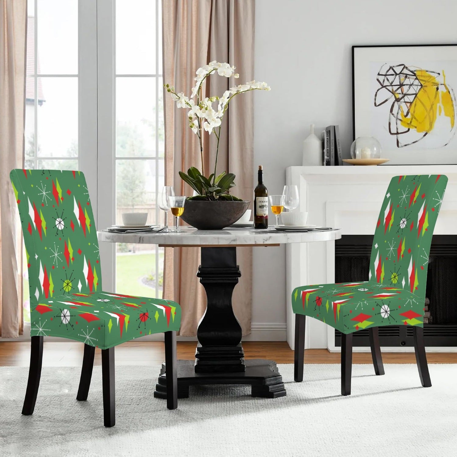 Kate McEnroe New York Mid Century Modern Franciscan Diamond Starburst Green Christmas Dining Chair SlipcoversChair SlipcoversD3232915