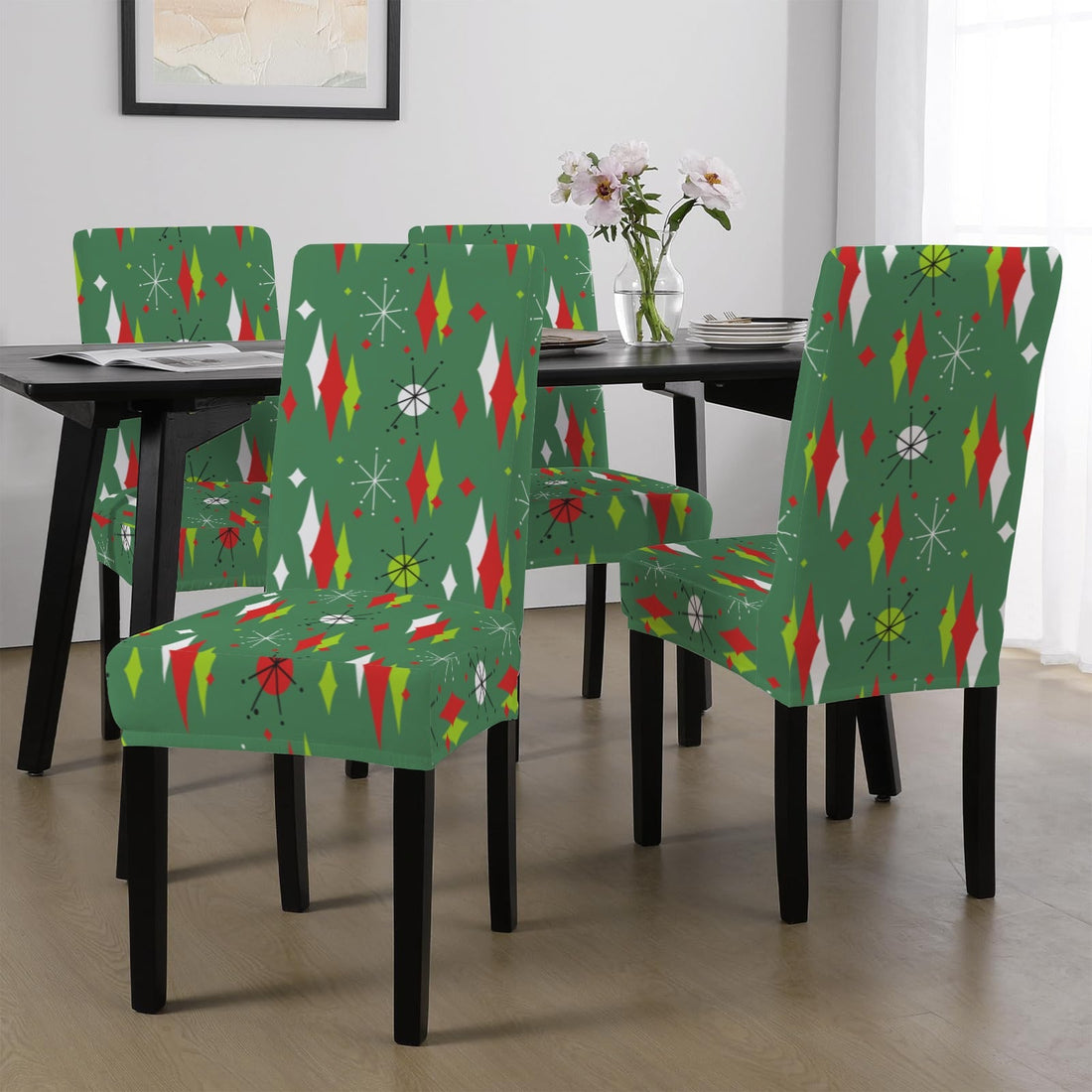 Kate McEnroe New York Mid Century Modern Franciscan Diamond Starburst Green Christmas Dining Chair SlipcoversChair SlipcoversD3232915