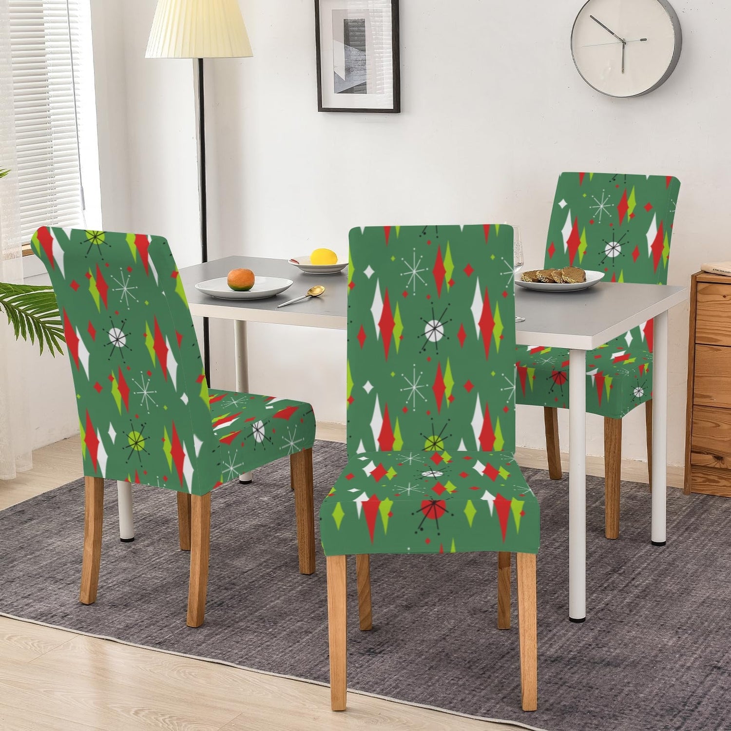Kate McEnroe New York Mid Century Modern Franciscan Diamond Starburst Green Christmas Dining Chair SlipcoversChair SlipcoversD3232915