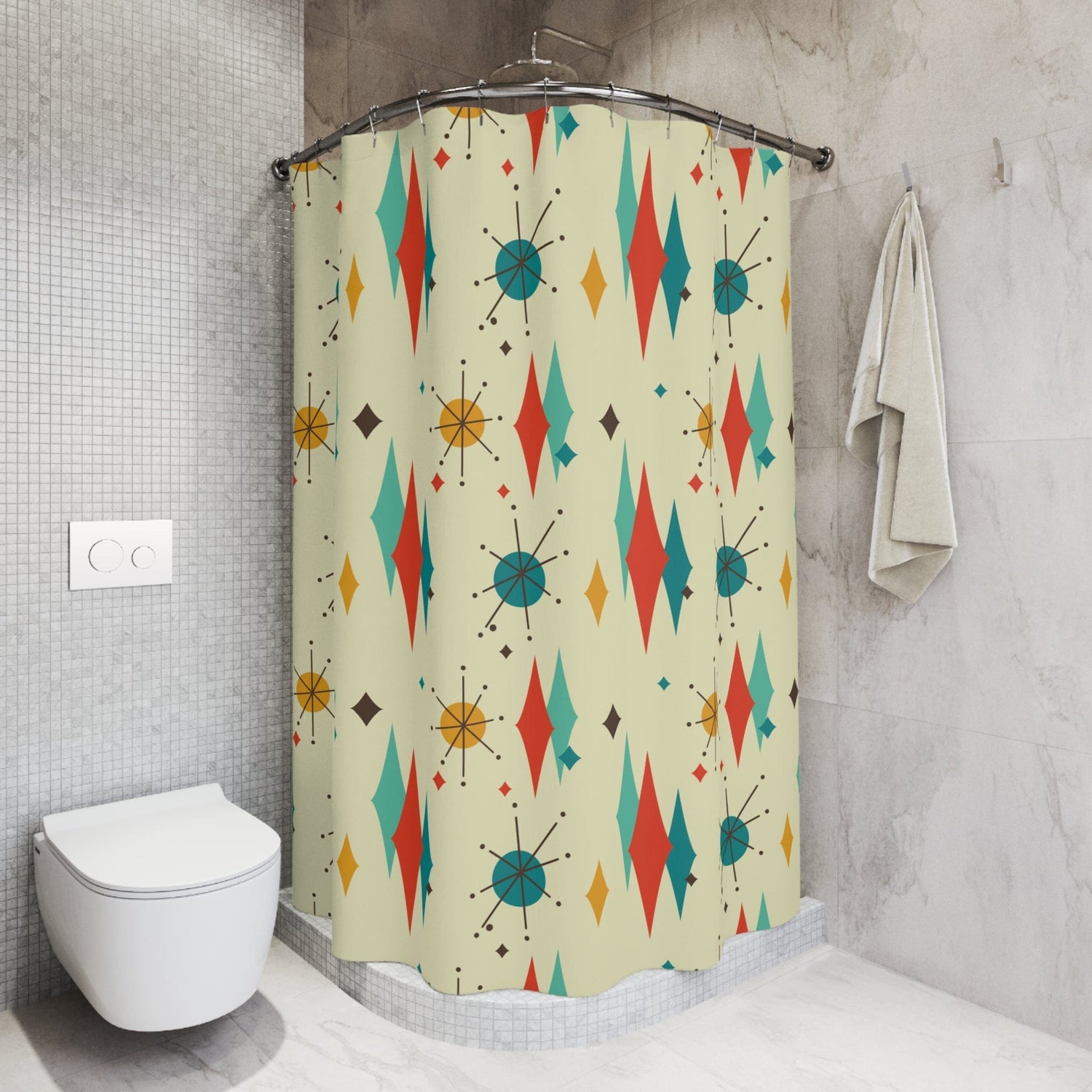 Kate McEnroe New York Mid Century Modern Franciscan Diamond Starburst Shower Curtain, Retro Beige, Yellow, Teal Bathroom Decor, MCM Bath CurtainsShower CurtainsS40 - FRA - DSB - 7X7