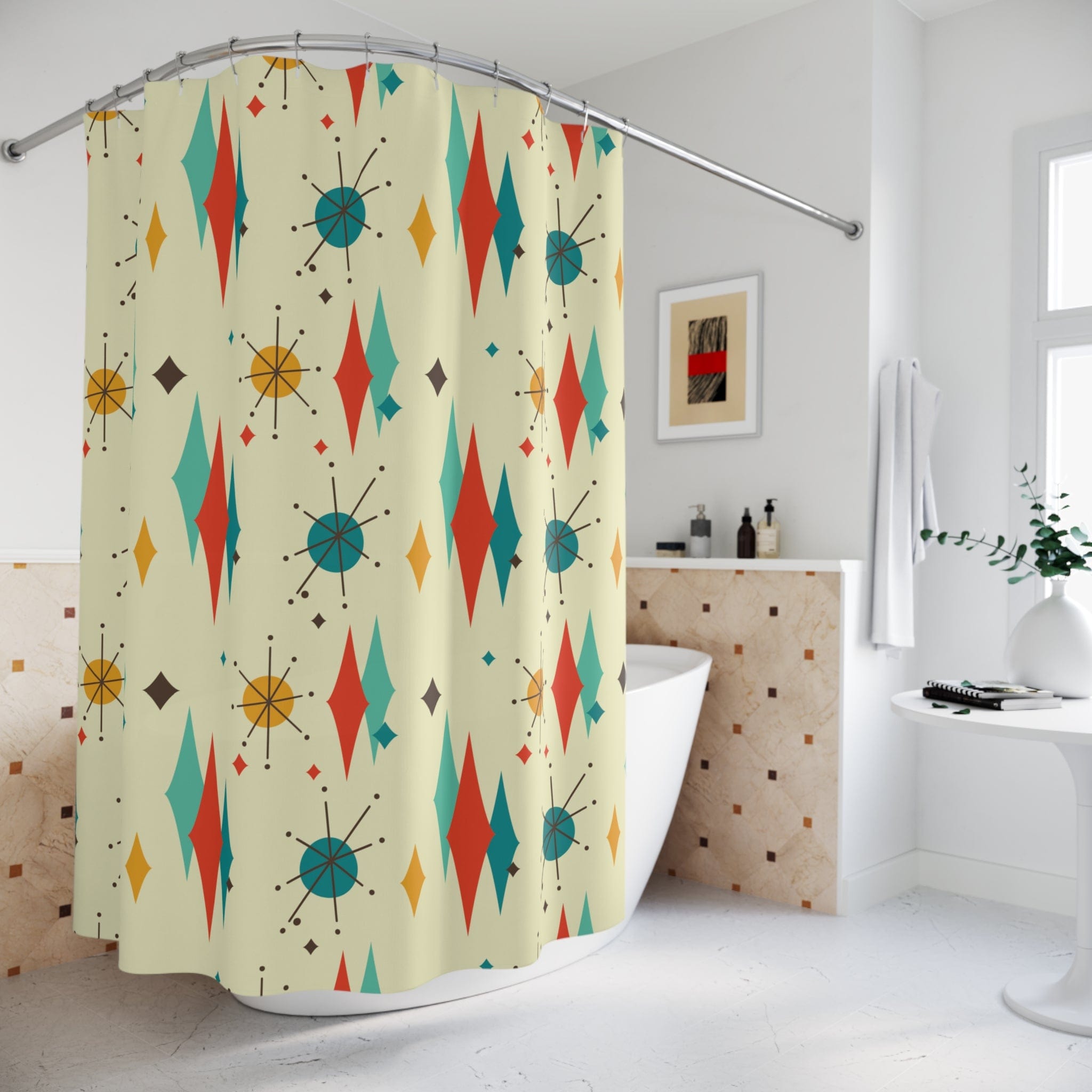 Kate McEnroe New York Mid Century Modern Franciscan Diamond Starburst Shower Curtain, Retro Beige, Yellow, Teal Bathroom Decor, MCM Bath CurtainsShower CurtainsS40 - FRA - DSB - 7X7