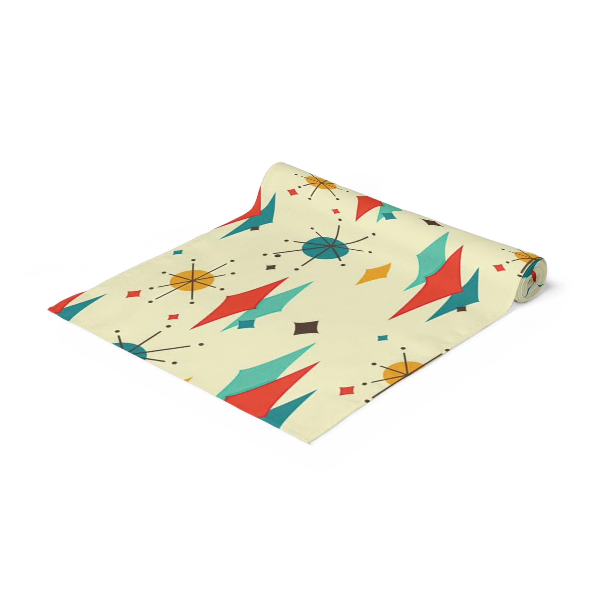 Kate McEnroe New York Mid Century Modern Franciscan Diamond Starburst Table Runner, Retro Beige, Orange, Teal, Mustard Yellow Table Linens, 50s MCM Dining Table DecorTable Runners75918983597716366675