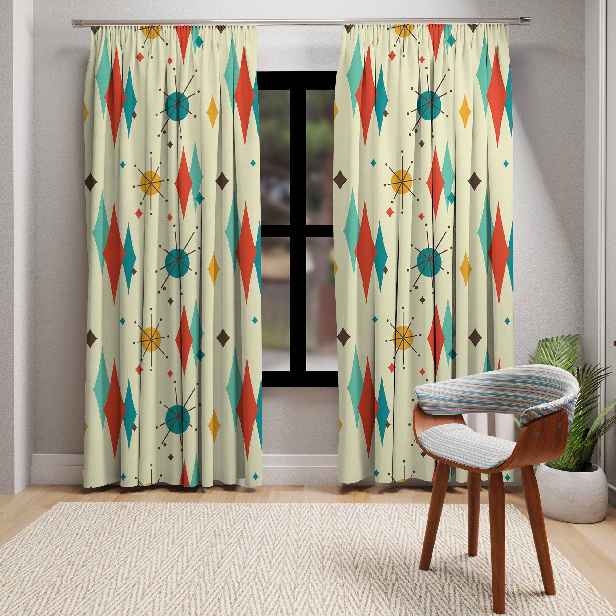 Kate McEnroe New York Mid Century Modern Franciscan Diamond Starburst Window Curtain, Retro 50s MCM Living Room, Bedroom PanelsWindow CurtainsW3D - FSC - STB - SH2