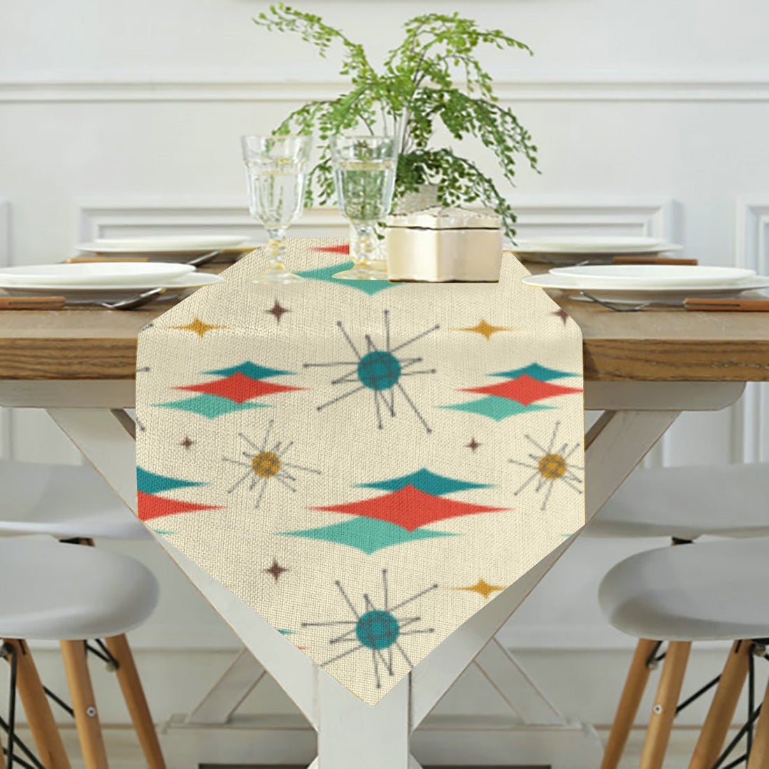 Kate McEnroe New York Mid Century Modern Franciscan Starburst Linen Triangular Table Runner, Atomic Starburst Dining DecorTable RunnersH5KRTB - HOPJ44 - ANNZHK