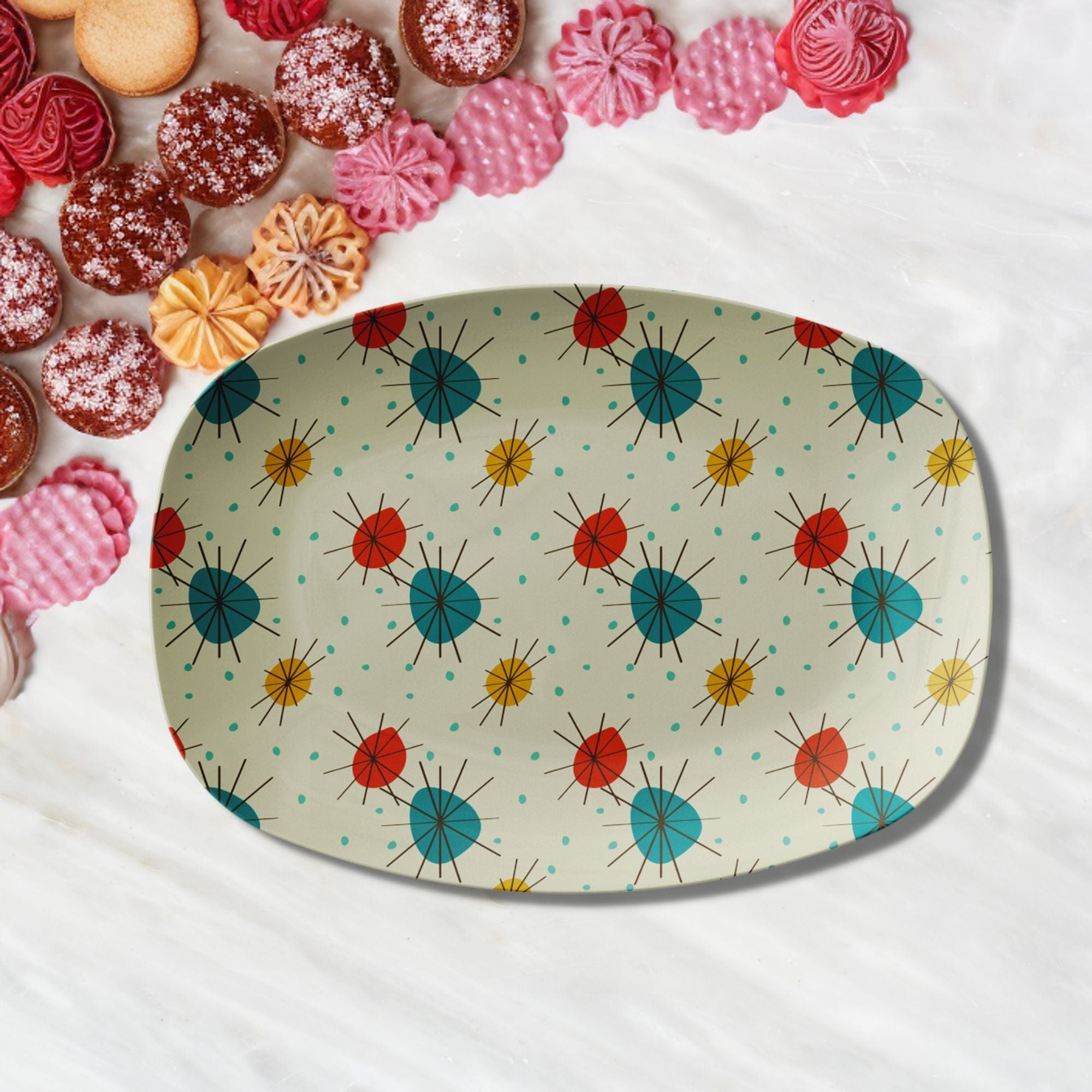 Kate McEnroe New York Mid Century Modern Franciscan Starburst Serving Platters, Atomic Teal, Mustard, Orange, Retro Serving TraysServing PlattersP23 - FSB - MGN - 62
