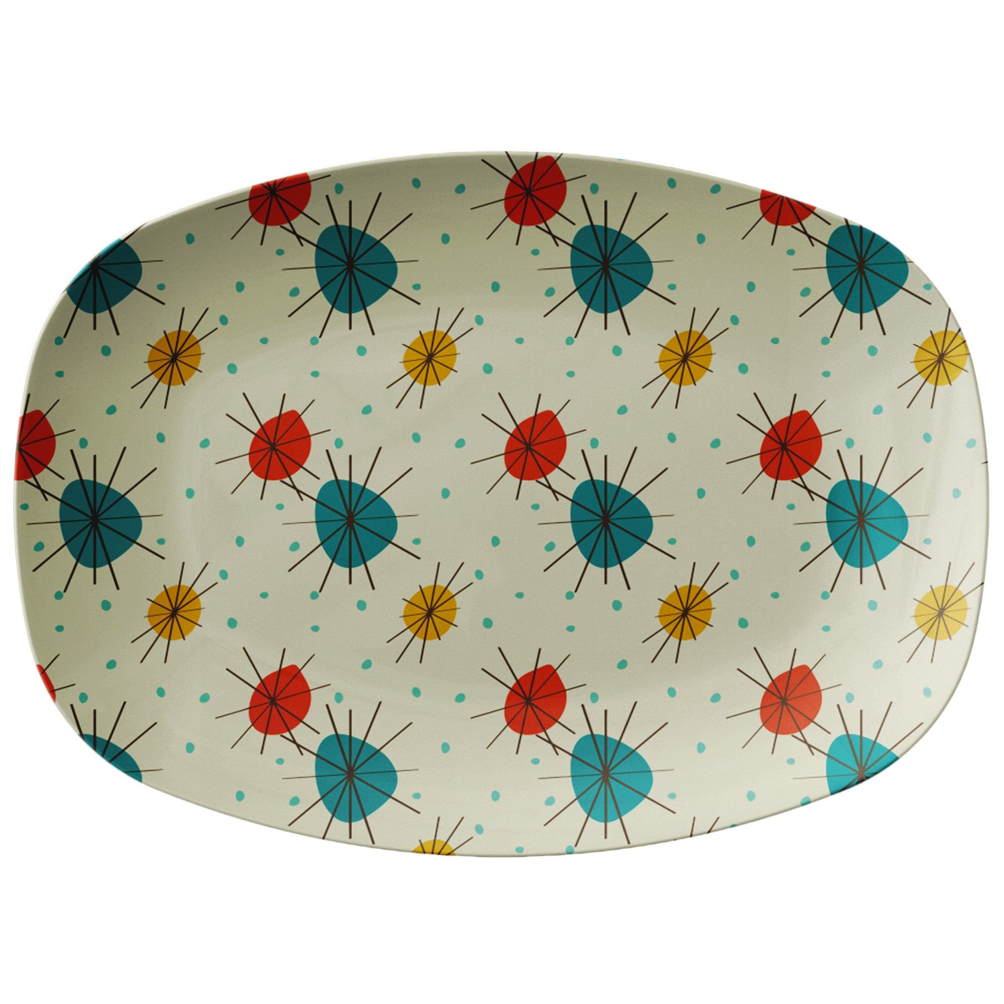 Kate McEnroe New York Mid Century Modern Franciscan Starburst Serving Platters, Atomic Teal, Mustard, Orange, Retro Serving TraysServing PlattersP23 - FSB - MGN - 62