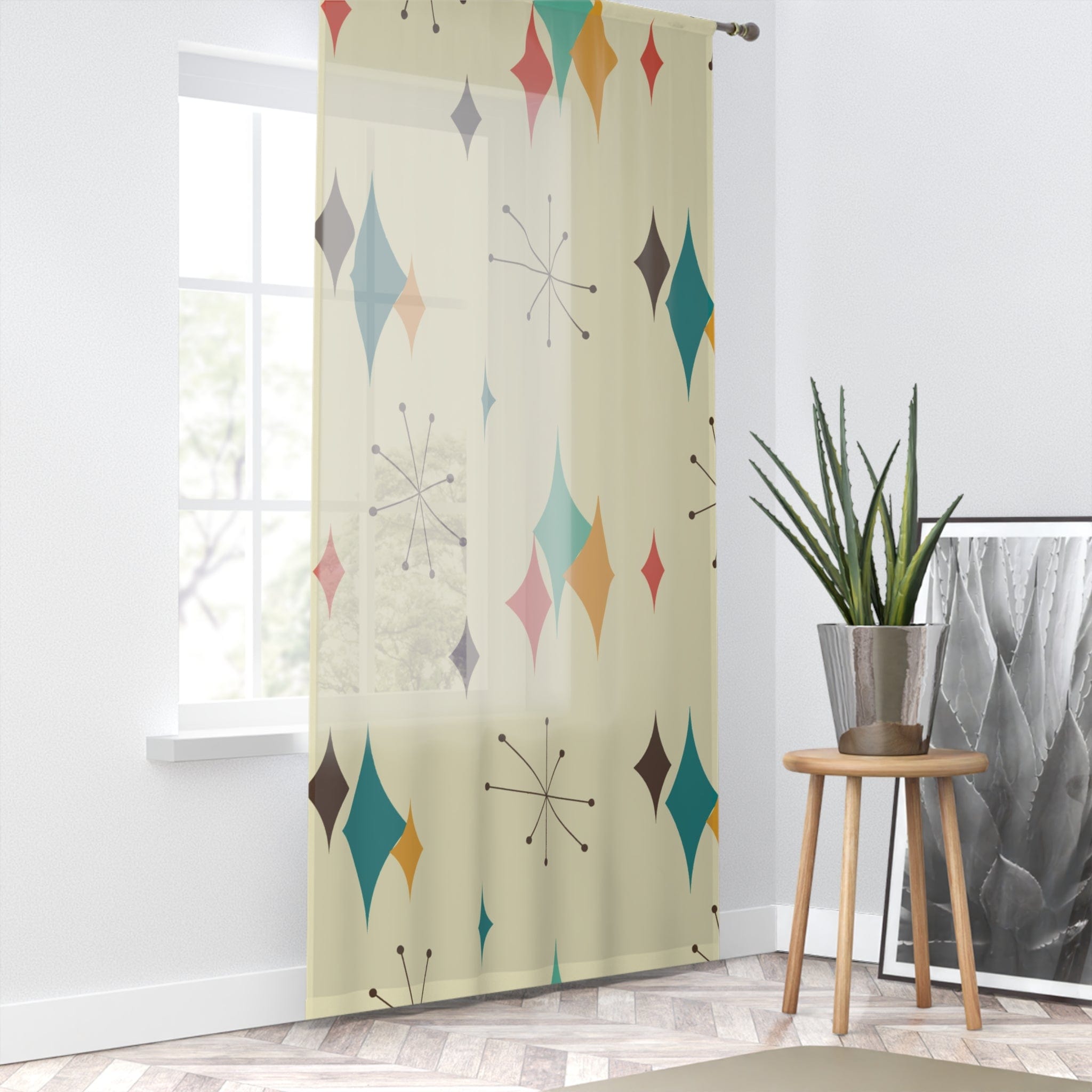 Kate McEnroe New York Mid Century Modern Franciscan Starburst Window Curtains, Atomic Age Design, Retro Groovy Curtain Panel, Vintage 50s Vibe, Funky Draperies Window Curtains Sheer / White / 50&quot; × 84&quot; 13423647725679264746