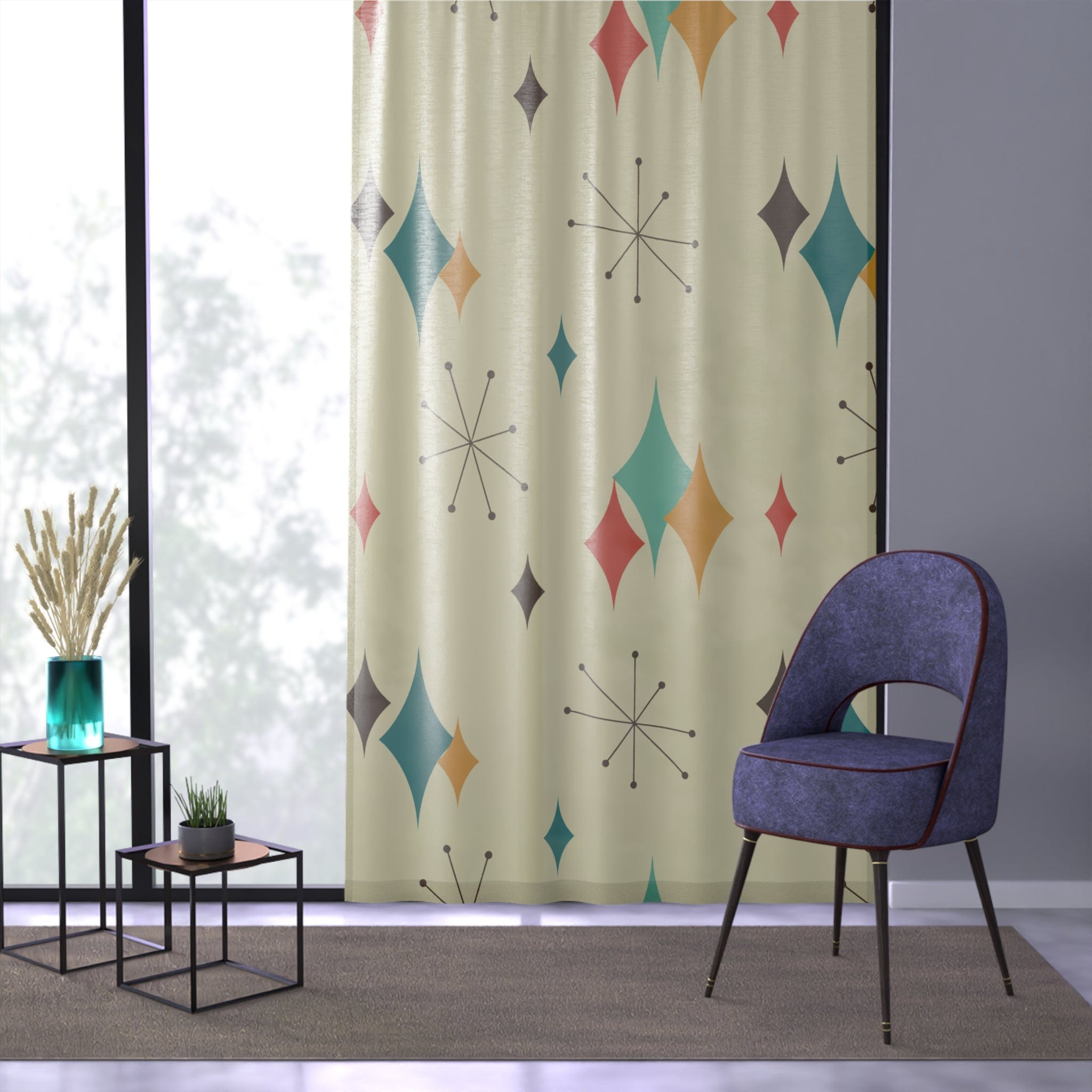 Printify Mid Century Modern Franciscan Starburst Window Curtains, Atomic Age Design, Retro Groovy Curtain Panel, Vintage 50s Vibe, Funky Draperies Home Decor Sheer / White / 50&quot; × 84&quot; 13423647725679264746