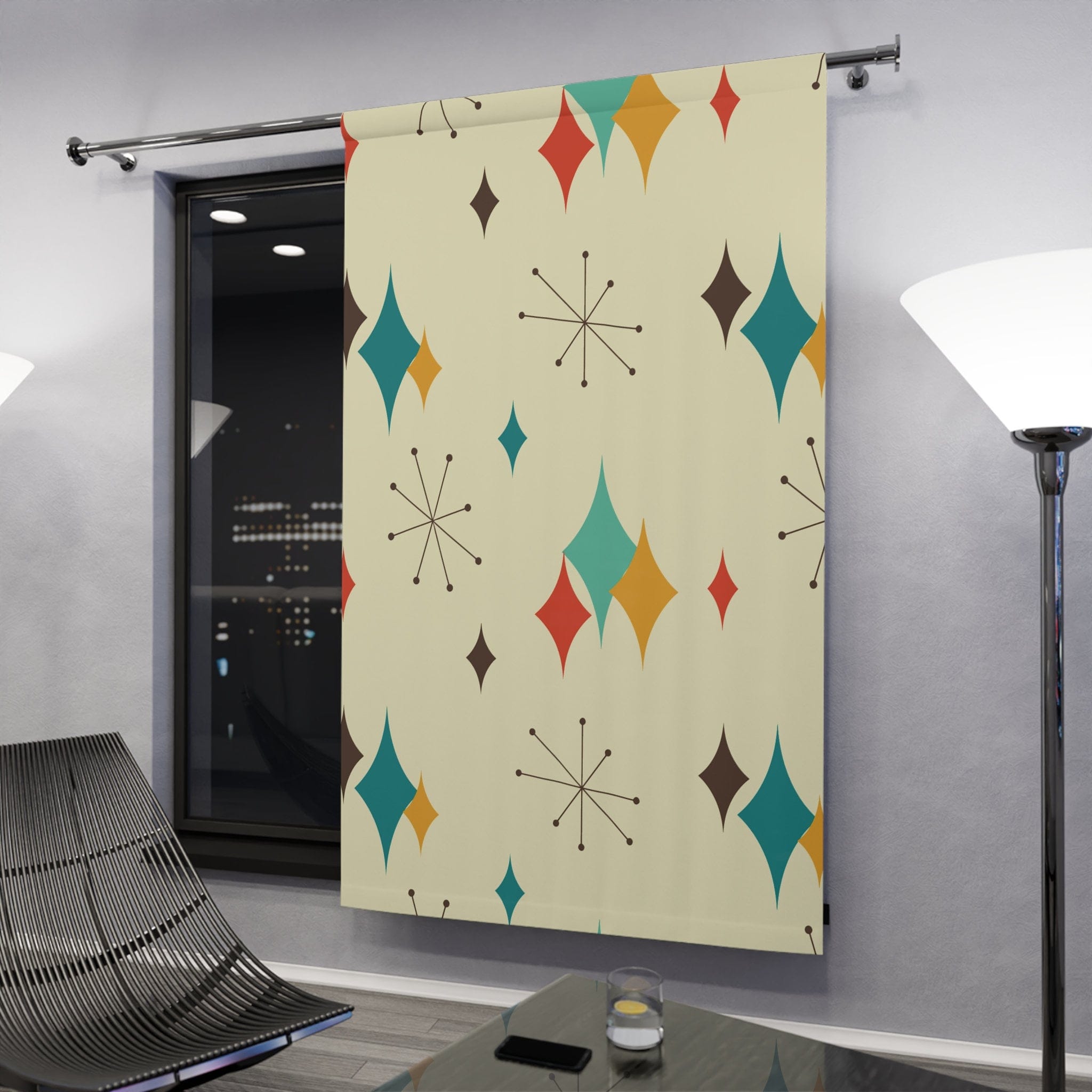 Kate McEnroe New York Mid Century Modern Franciscan Starburst Window Curtains, Retro Groovy Curtain Panel, Vintage 50s Vibe, Funky Draperies, Atomic Age DesignWindow CurtainsW3S - FSB - OTH - B04