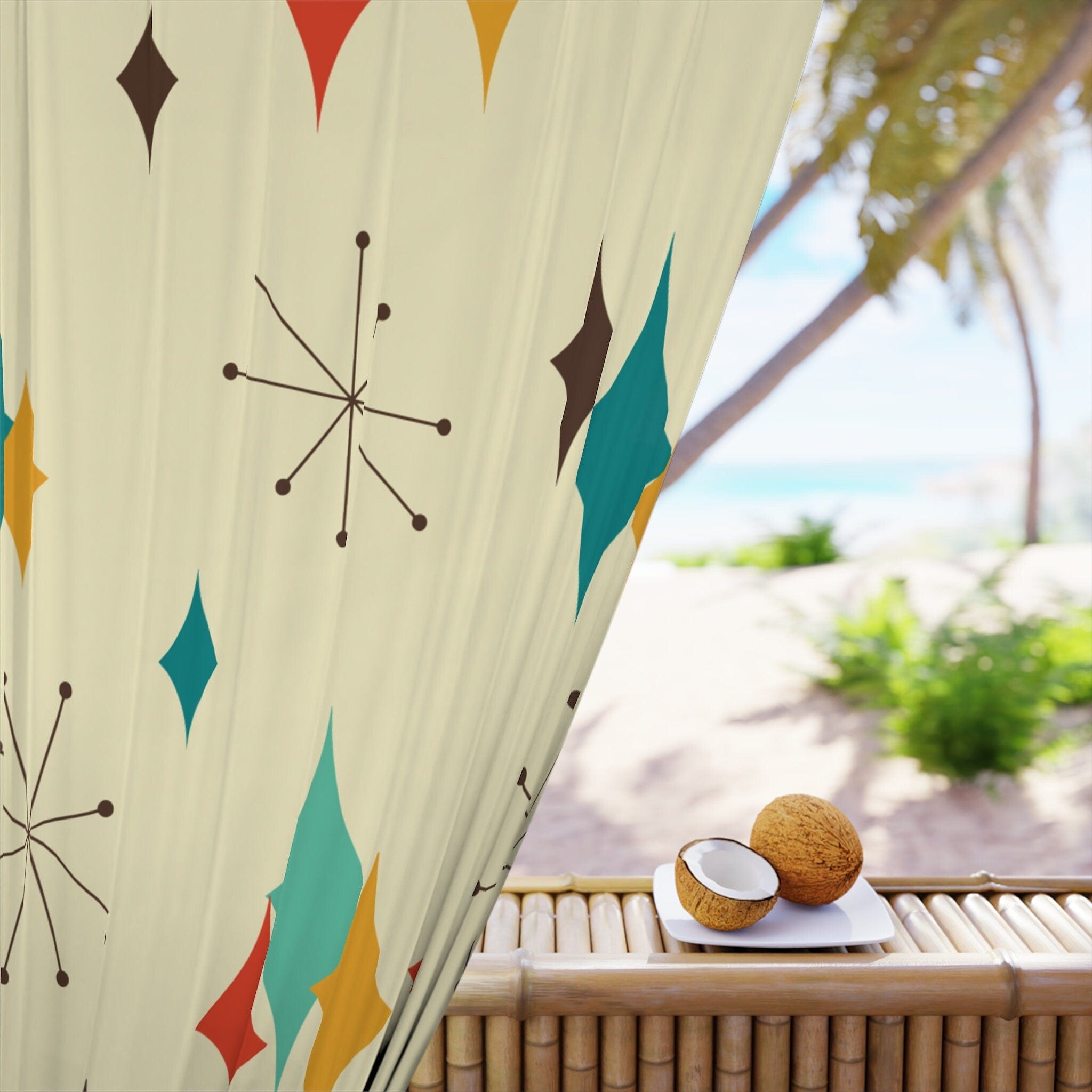 Kate McEnroe New York Mid Century Modern Franciscan Starburst Window Curtains, Retro Groovy Curtain Panel, Vintage 50s Vibe, Funky Draperies, Atomic Age DesignWindow CurtainsW3S - FSB - OTH - B04