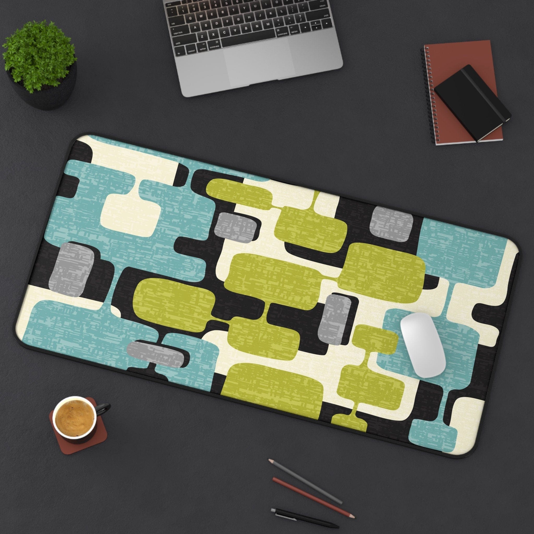 Kate McEnroe New York Mid Century Modern Geometric Abstract Desk Mat, Retro Teal, Lime Green, Gray, Black MCM office AccessoriesDesk Pads79204360823469201129