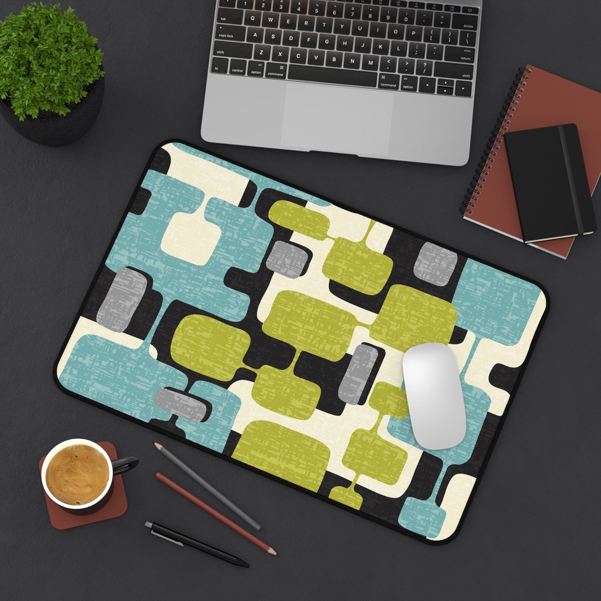 Kate McEnroe New York Mid Century Modern Geometric Abstract Desk Mat, Retro Teal, Lime Green, Gray, Black MCM office AccessoriesDesk Pads79204360823469201129