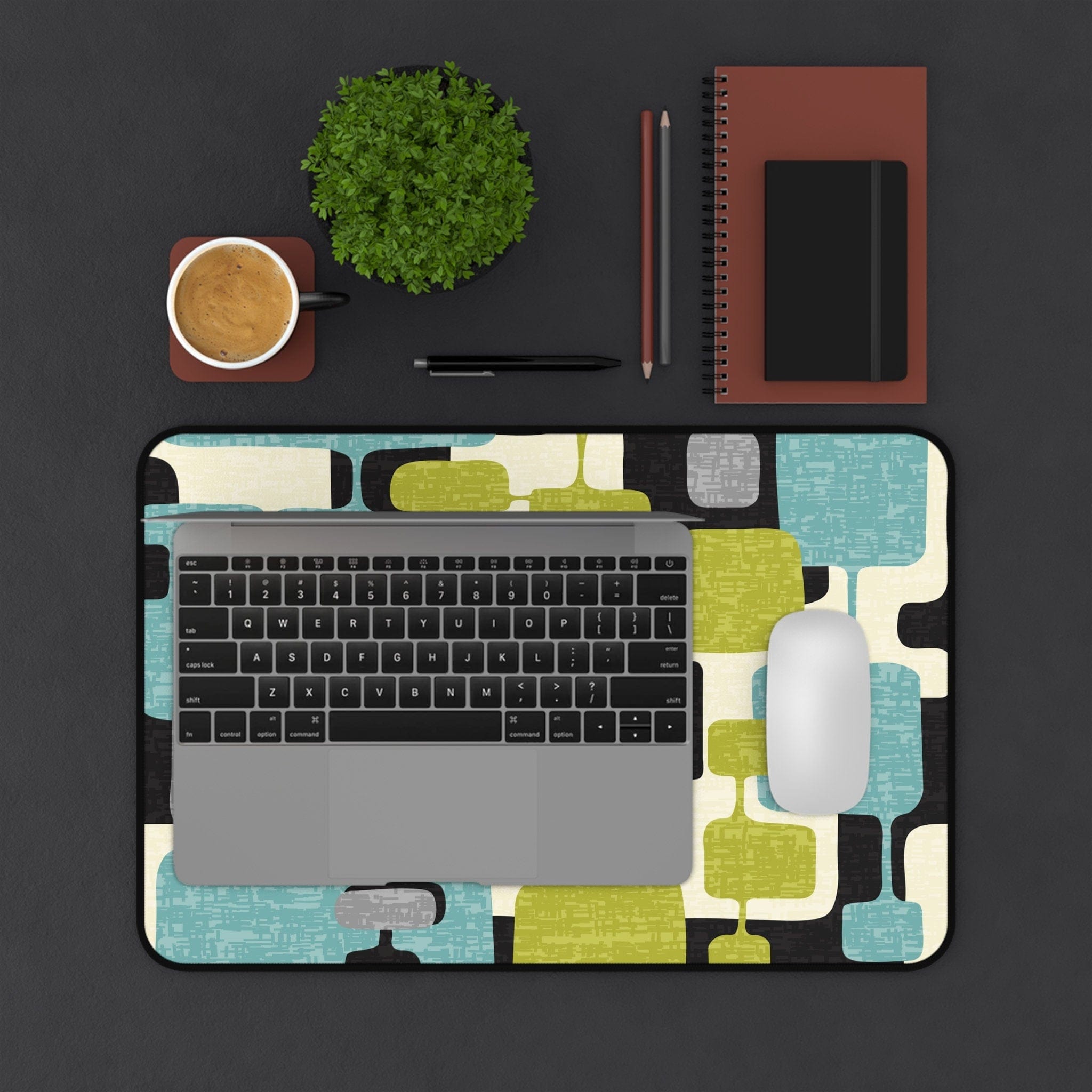 Kate McEnroe New York Mid Century Modern Geometric Abstract Desk Mat, Retro Teal, Lime Green, Gray, Black MCM office AccessoriesDesk Pads79204360823469201129