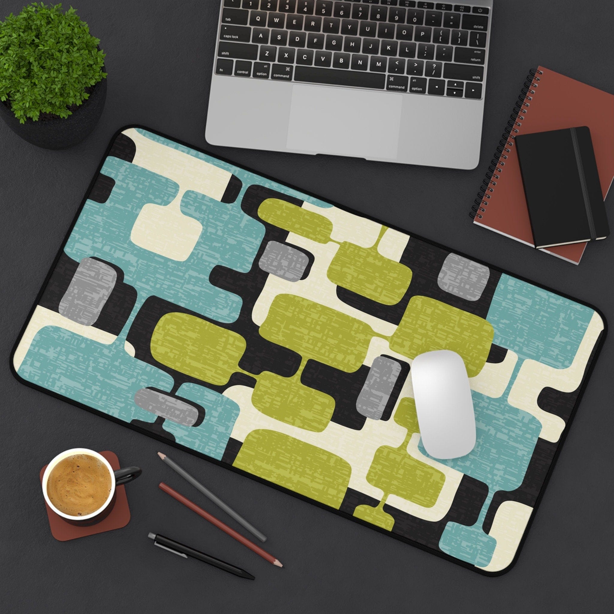Kate McEnroe New York Mid Century Modern Geometric Abstract Desk Mat, Retro Teal, Lime Green, Gray, Black MCM office AccessoriesDesk Pads79204360823469201129