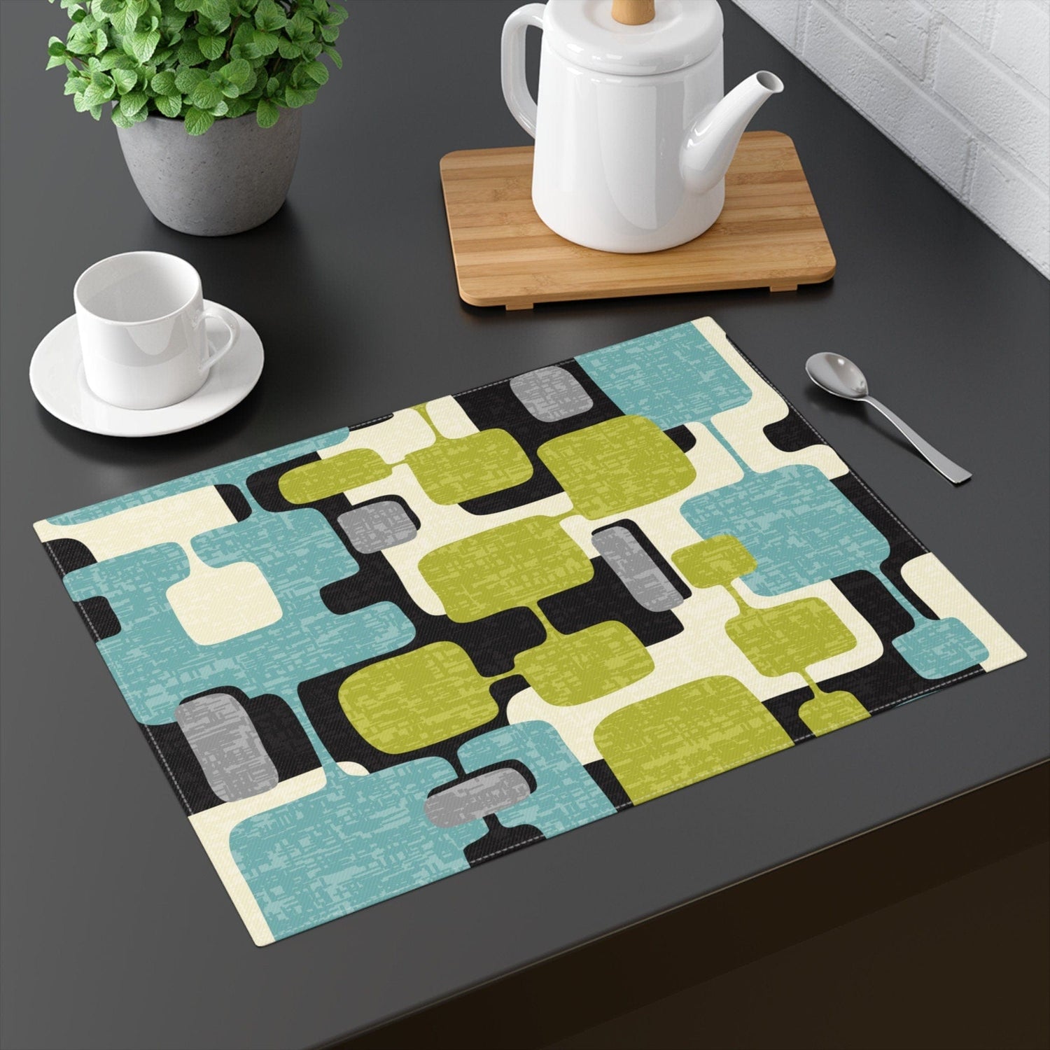 Kate McEnroe New York Mid Century Modern Geometric Abstract Placemats, Retro Teal, Lime Green, Gray, Black MCM Table LinensPlacemats11614579044325381528