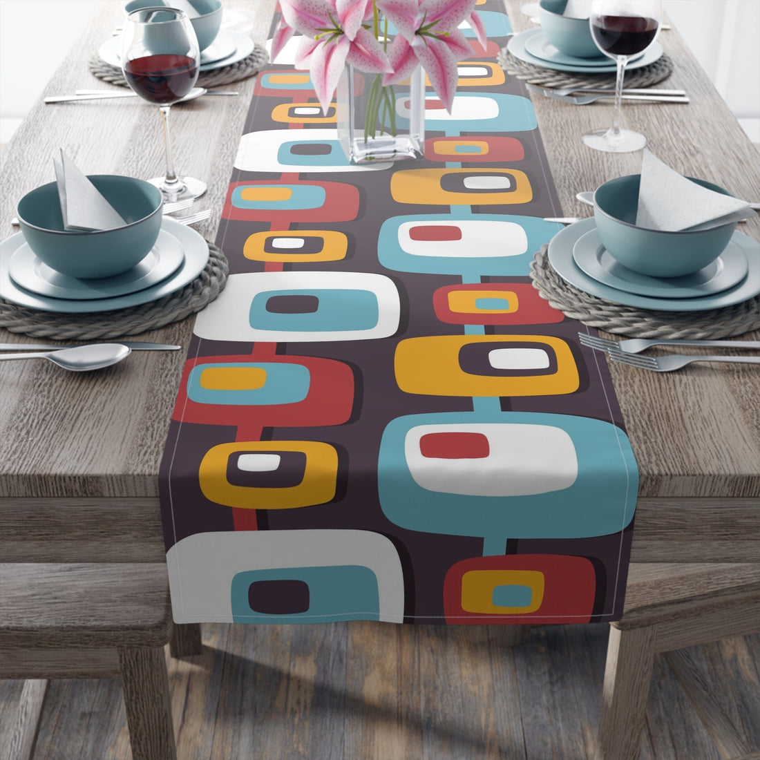 Kate McEnroe New York Mid Century Modern Geometric Abstract Squares Table Runner (Cotton, Poly) Table Runners 16&quot; × 90&quot; / Cotton Twill 60707706044766733348