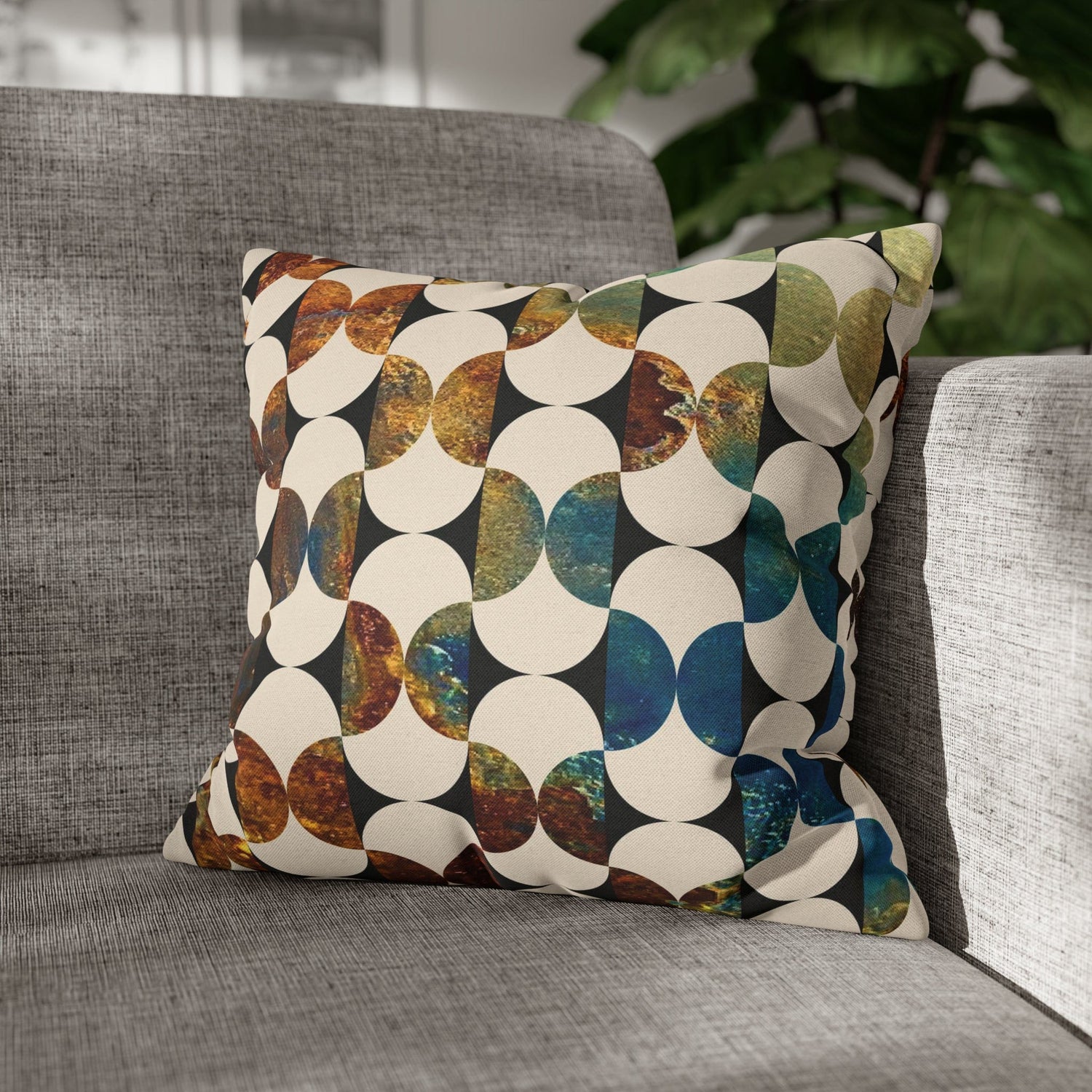 Kate McEnroe New York Mid Century Modern Geometric Abstract Throw Pillow Covers, Brown, Blue, Beige, 50s Retro Living Room, Bedroom Cushion Covers Throw Pillow Covers 16&quot; × 16&quot; 13567590563798508477