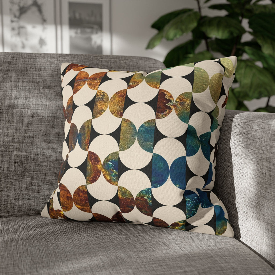 Kate McEnroe New York Mid Century Modern Geometric Abstract Throw Pillow Covers, Brown, Blue, Beige, 50s Retro Living Room, Bedroom Cushion CoversThrow Pillow Covers15602827663404342493
