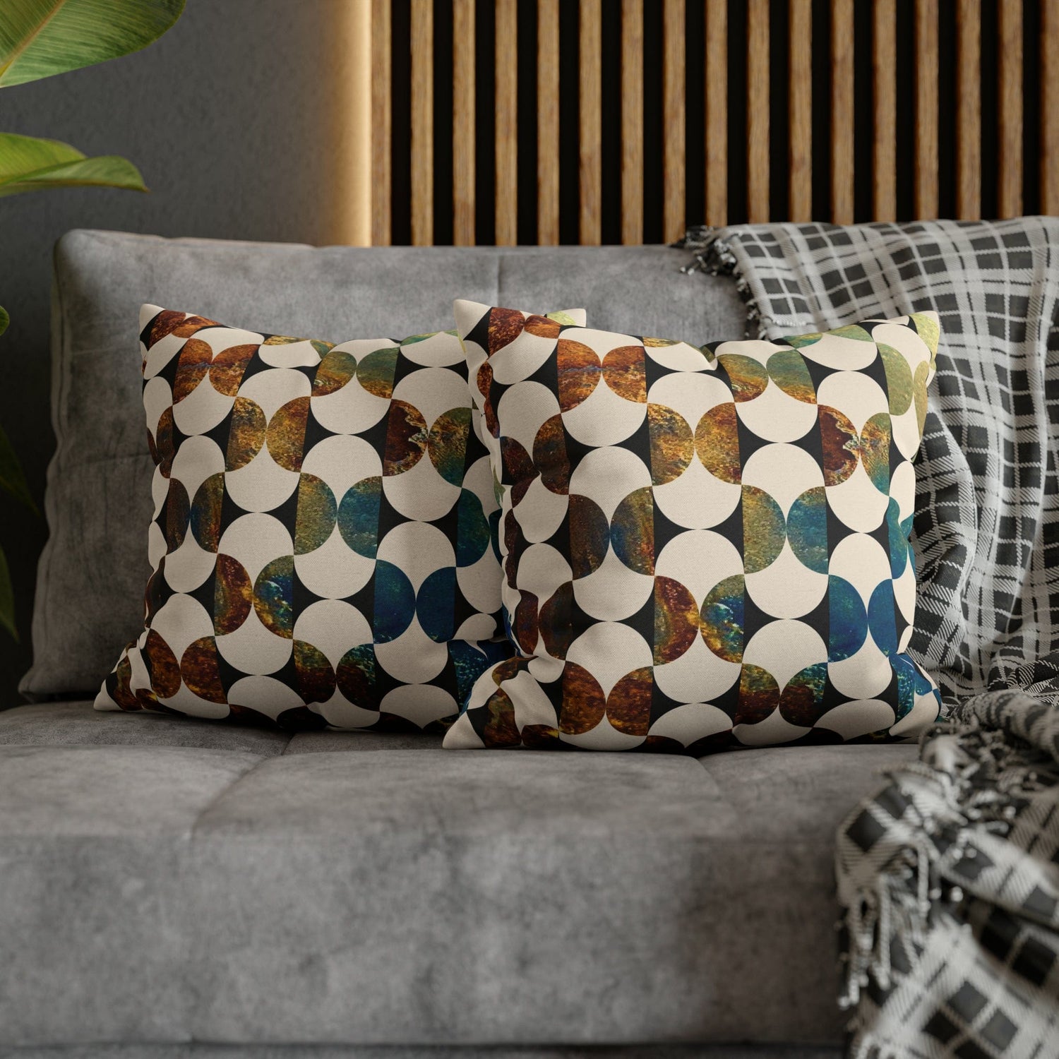 Kate McEnroe New York Mid Century Modern Geometric Abstract Throw Pillow Covers, Brown, Blue, Beige, 50s Retro Living Room, Bedroom Cushion CoversThrow Pillow Covers79006556349750932845