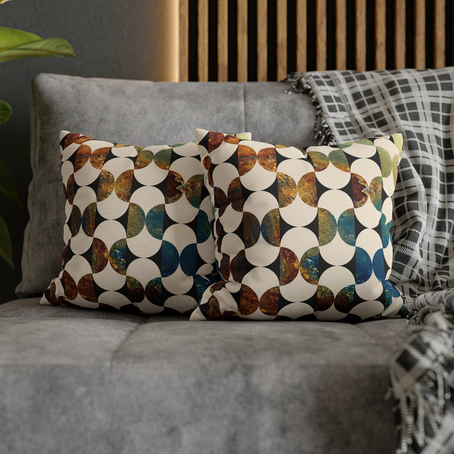 Kate McEnroe New York Mid Century Modern Geometric Abstract Throw Pillow Covers, Brown, Blue, Beige, 50s Retro Living Room, Bedroom Cushion CoversThrow Pillow Covers79006556349750932845