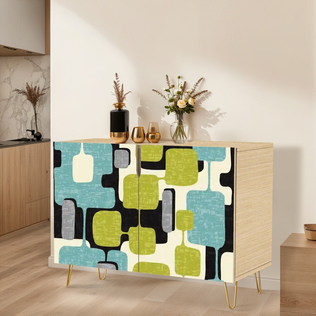 Kate McEnroe New York Mid Century Modern Geometric Cabinet, Retro Atomic Sideboard, 50s Mod Storage UnitStorage CabinetsClxLuLf3zL