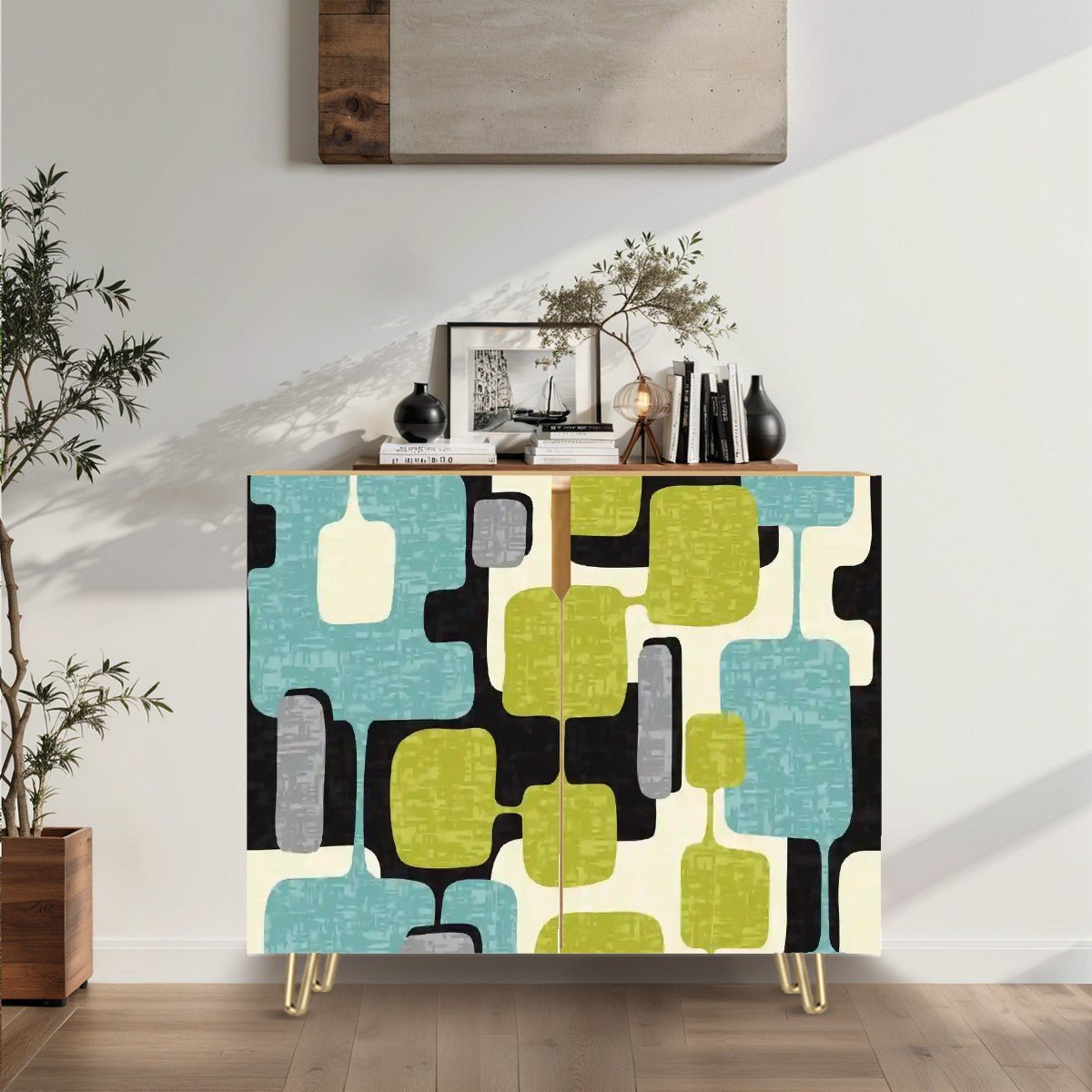 Kate McEnroe New York Mid Century Modern Geometric Cabinet, Retro Atomic Sideboard, 50s Mod Storage UnitStorage CabinetsClxLuLf3zL