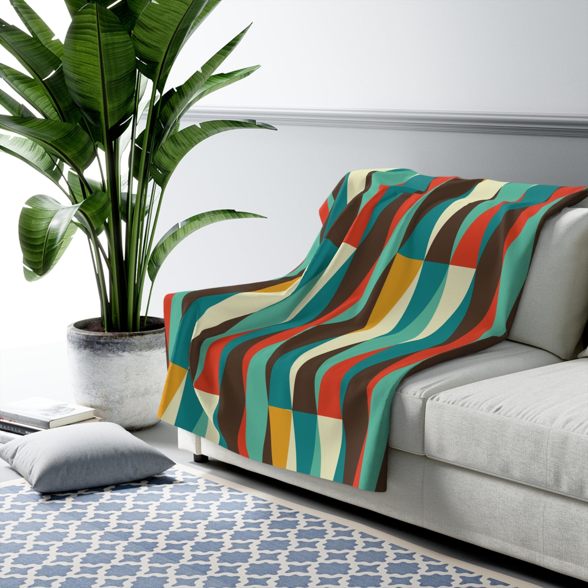 Kate McEnroe New York Mid Century Modern Geometric Diamond Sherpa Fleece Throw Blanket - Teal, Aqua, Mustard Yellow, Cream, Brown, OrangeBlankets17282095634502073991