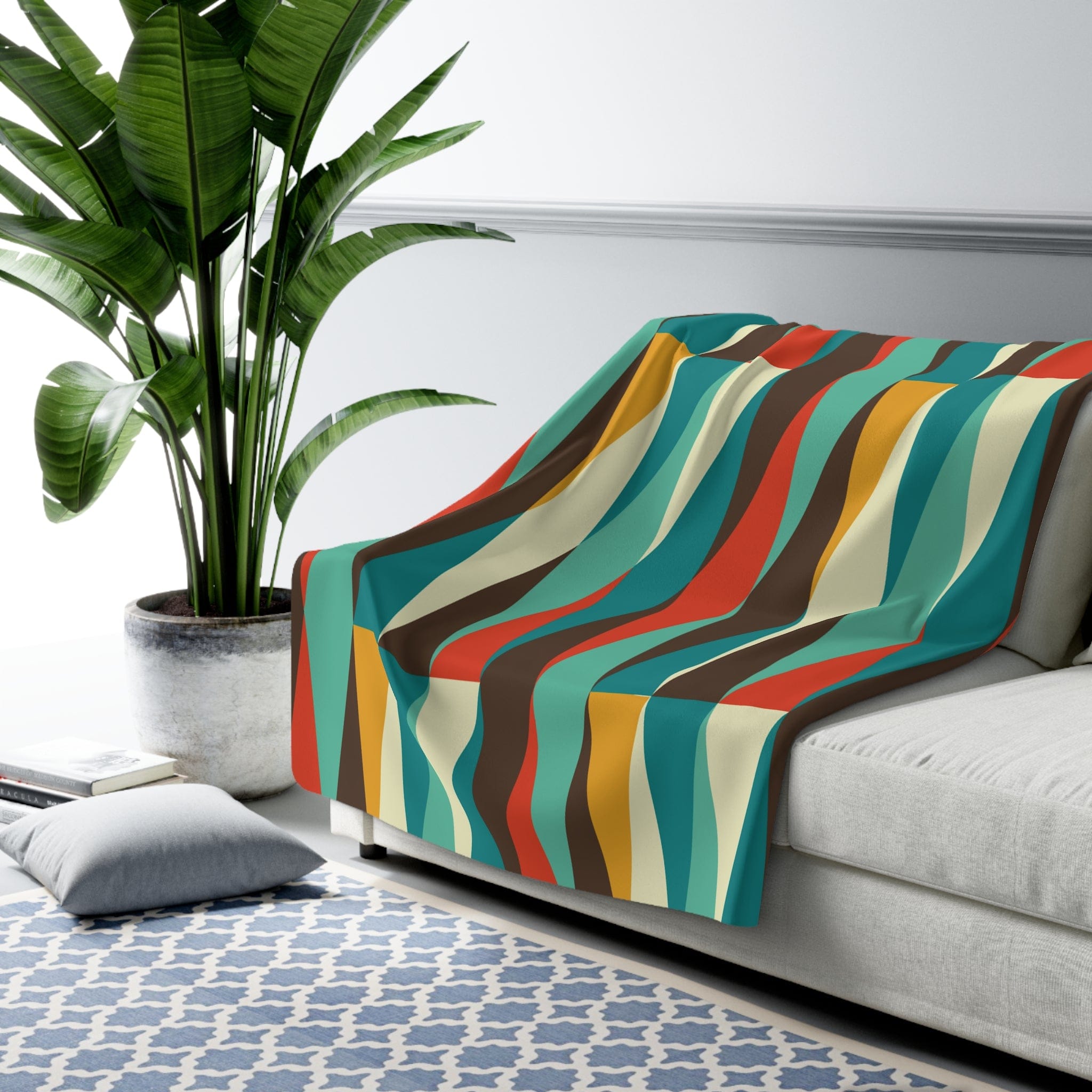 Kate McEnroe New York Mid Century Modern Geometric Diamond Sherpa Fleece Throw Blanket - Teal, Aqua, Mustard Yellow, Cream, Brown, OrangeBlankets24264938475287603820