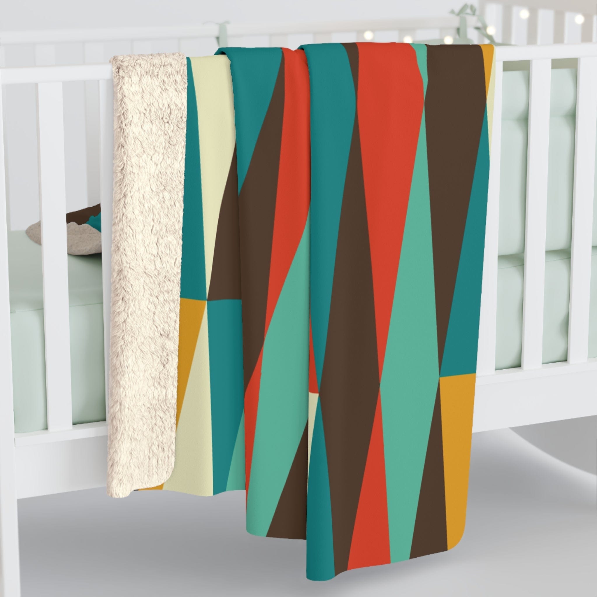 Kate McEnroe New York Mid Century Modern Geometric Diamond Sherpa Fleece Throw Blanket - Teal, Aqua, Mustard Yellow, Cream, Brown, OrangeBlankets24264938475287603820
