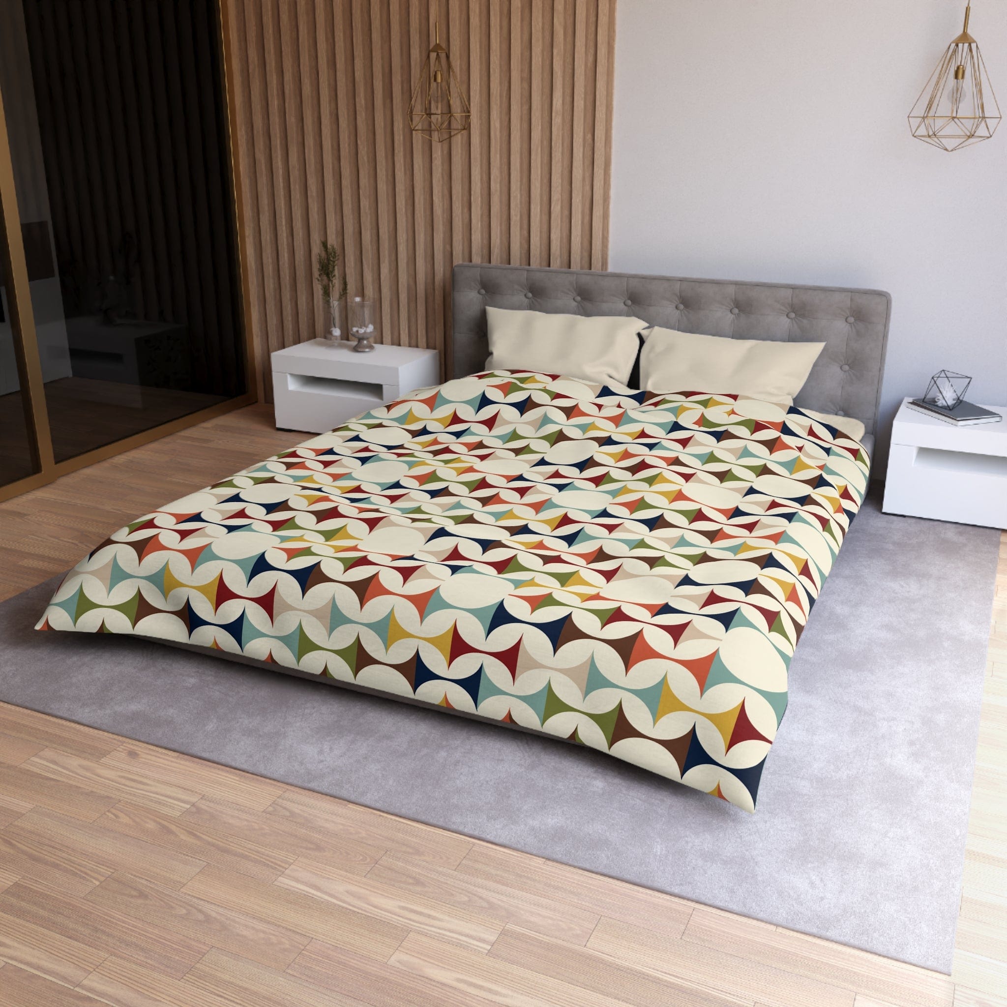Kate McEnroe New York Mid Century Modern Geometric Duvet Cover, 60s Retro MCM Cream, Teal, Mustard, Rust Color Block BeddingDuvet Covers22464011662850979633