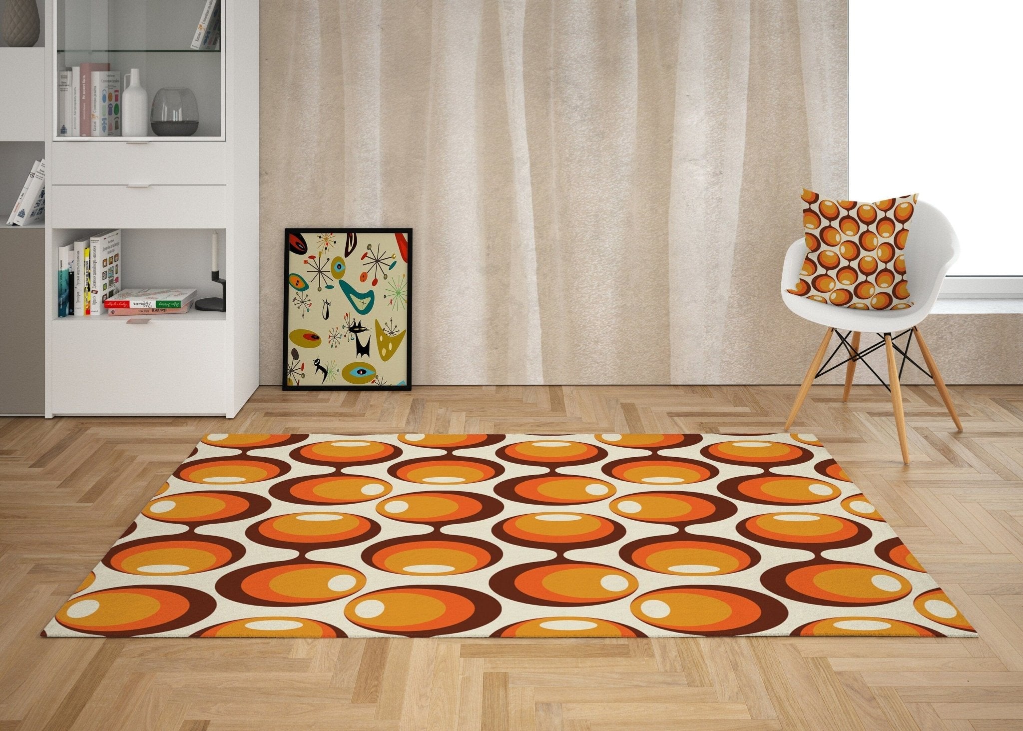 Retro Vintage Boho Floral Round Area Rug Carpet Mid Century Modern Abstract Bedroom 60s 70s Room Decor, 2024 Orange Yellow Brown Groovy Flowers