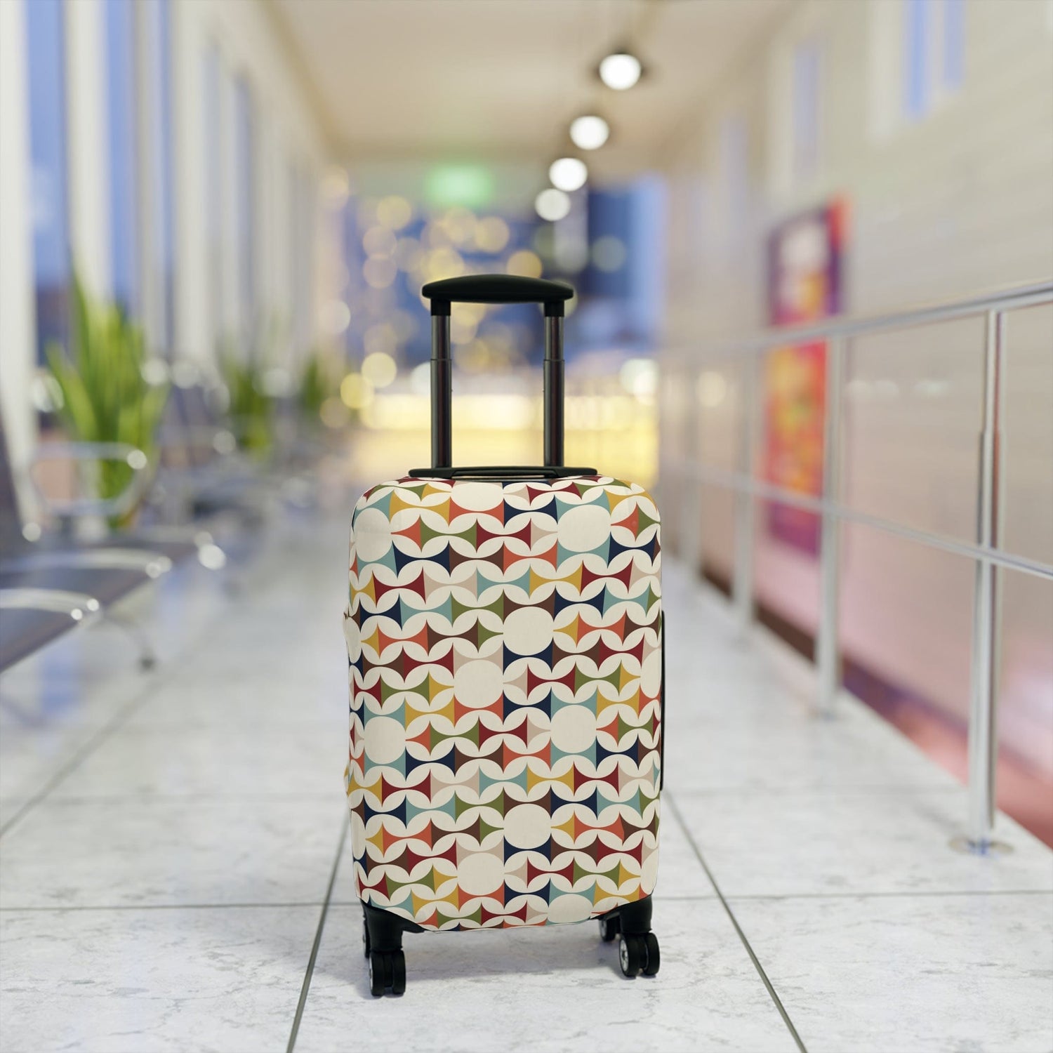 Kate McEnroe New York Mid Century Modern Geometric Luggage Cover, 50s MCM Cream Teal Mustard, Retro Suitcase Skin Luggage Covers