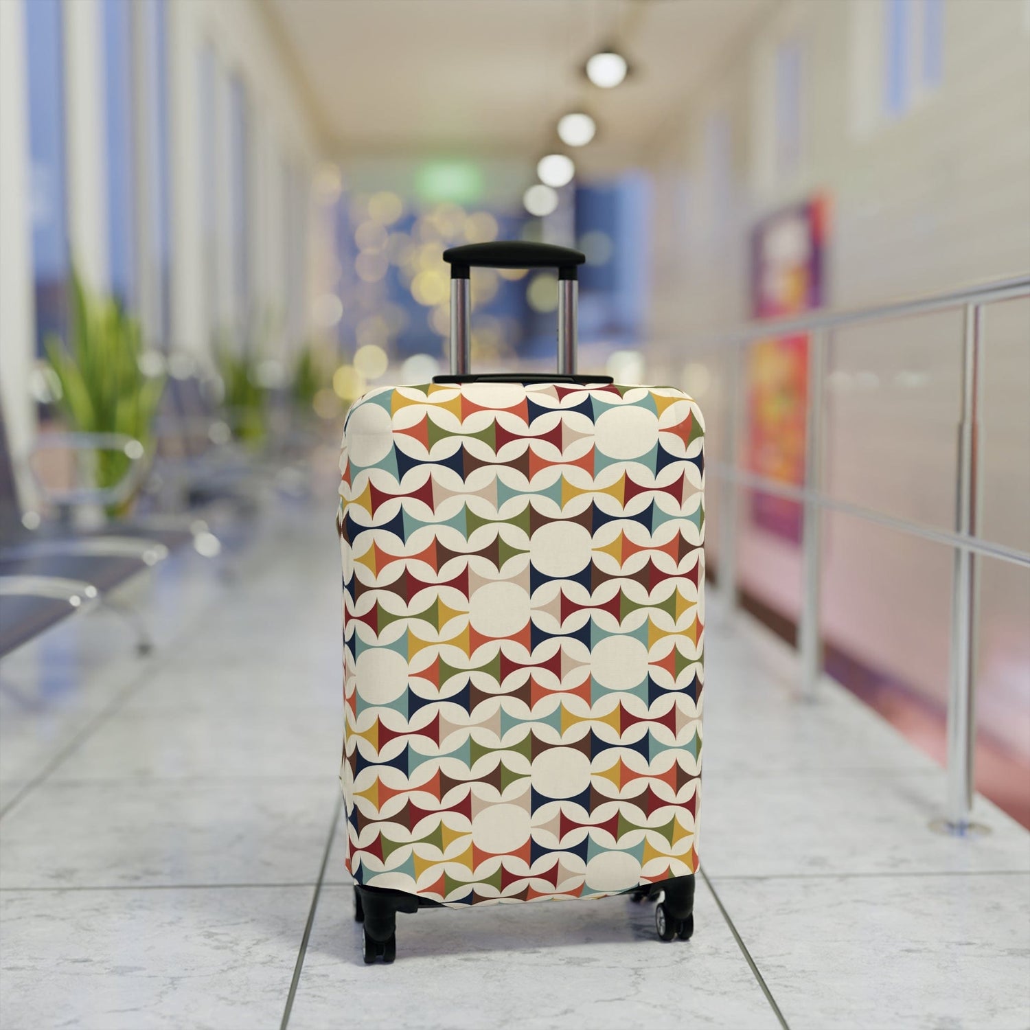 Kate McEnroe New York Mid Century Modern Geometric Luggage Cover, 50s MCM Cream Teal Mustard, Retro Suitcase SkinLuggage Covers89022431061327172479