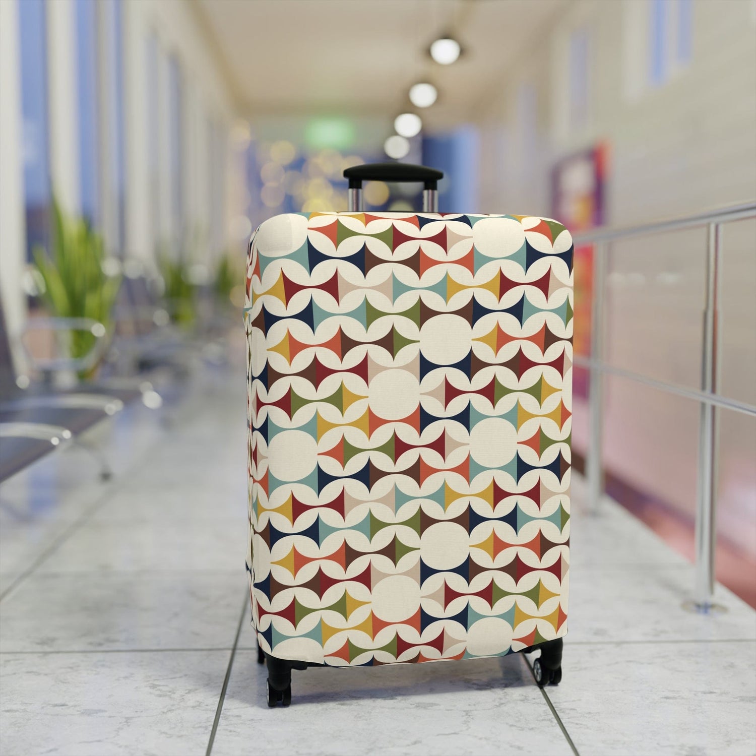 Kate McEnroe New York Mid Century Modern Geometric Luggage Cover, 50s MCM Cream Teal Mustard, Retro Suitcase SkinLuggage Covers89022431061327172479