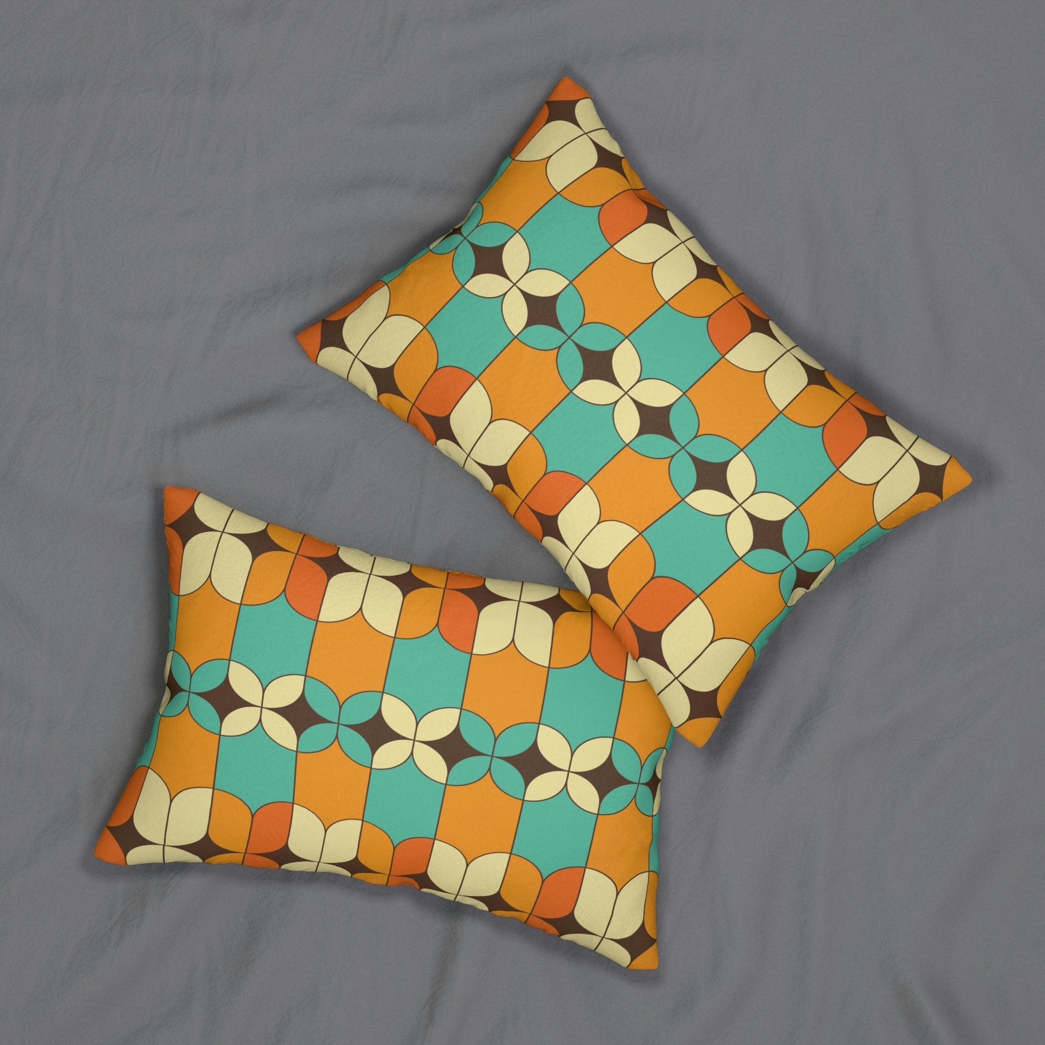 Kate McEnroe New York Mid Century Modern Geometric Lumbar Pillow, Retro Orange, Turquoise, Ivory, Brown Accent Pillow, Mid Mod Vintage Atomic Age DecorLumbar Pillows18430096586641799423