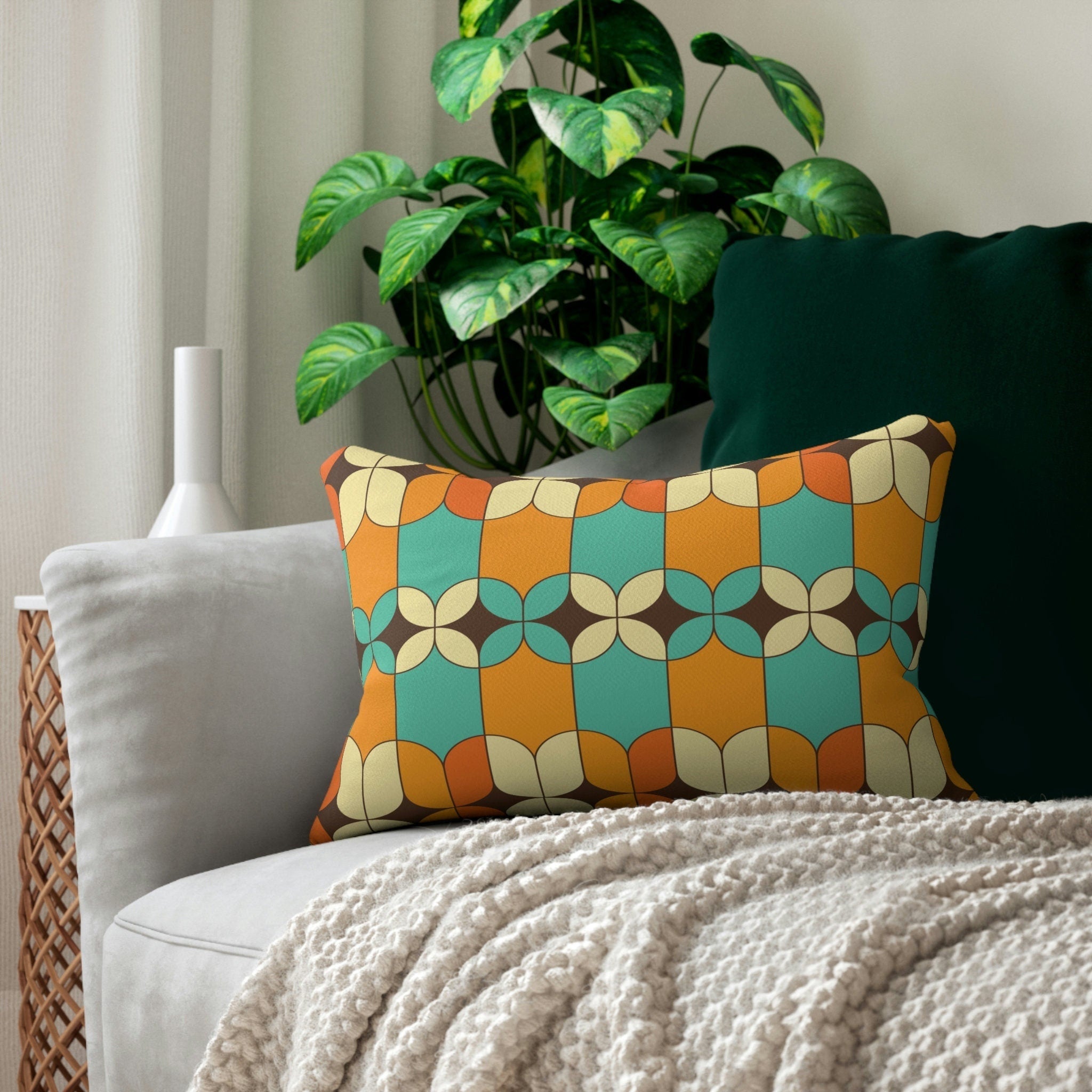 Kate McEnroe New York Mid Century Modern Geometric Lumbar Pillow, Retro Orange, Turquoise, Ivory, Brown Accent Pillow, Mid Mod Vintage Atomic Age DecorLumbar Pillows18430096586641799423