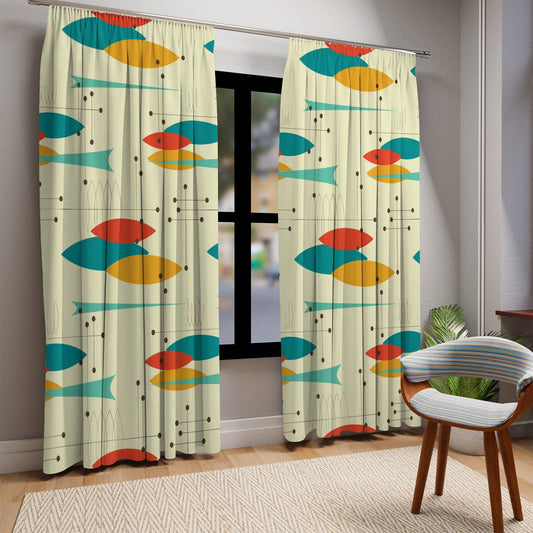 Kate McEnroe New York Mid Century Modern Geometric Pattern Curtains - Retro Atomic Style Starburst Prints in Orange, Aqua, Mustard and Teal Window Curtains