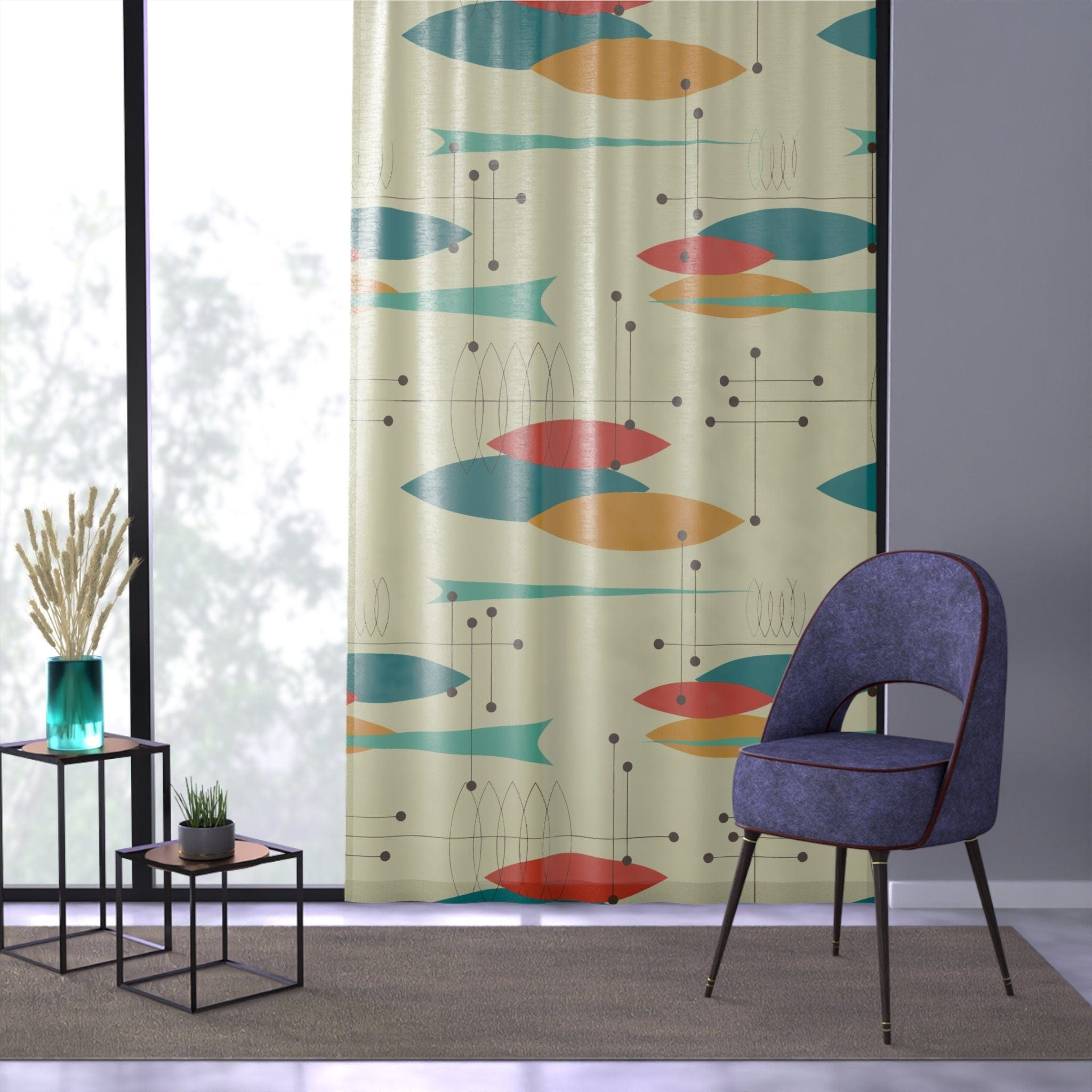 Kate McEnroe New York Mid Century Modern Geometric Pattern Curtains - Retro Atomic Style Starburst Prints in Orange, Aqua, Mustard and Teal Window Curtains