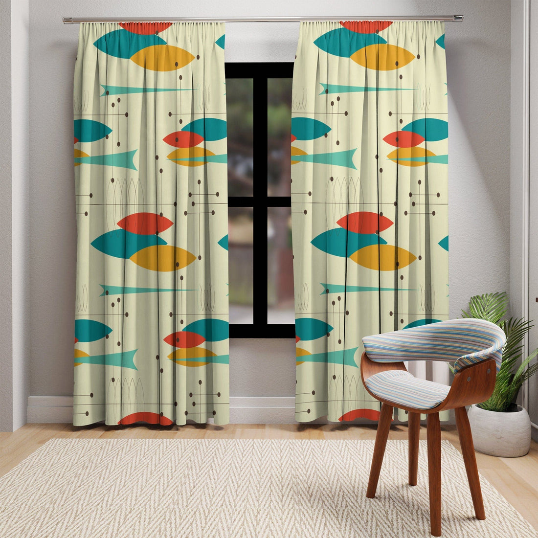Kate McEnroe New York Mid Century Modern Geometric Pattern Curtains - Retro Atomic Style Starburst Prints in Orange, Aqua, Mustard and TealWindow CurtainsW30S - FIS - CRE - SH6