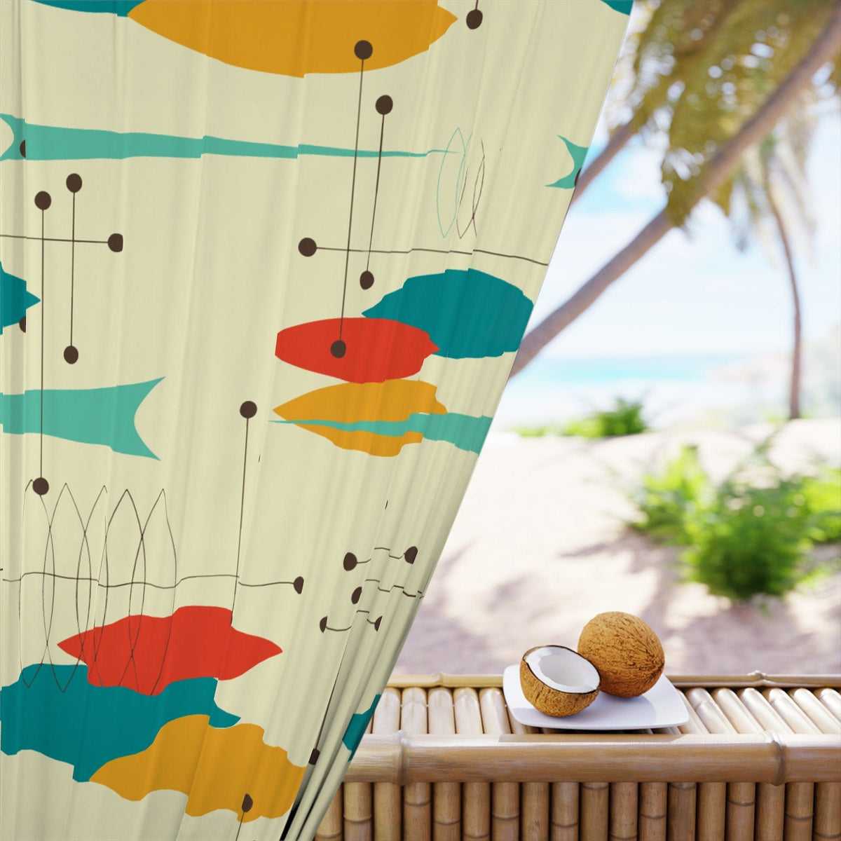 Kate McEnroe New York Mid Century Modern Geometric Pattern Curtains - Retro Atomic Style Starburst Prints in Orange, Aqua, Mustard and TealWindow CurtainsW30S - FIS - CRE - SH6