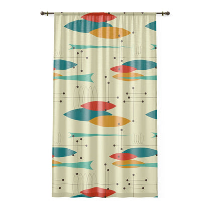 Kate McEnroe New York Mid Century Modern Geometric Pattern Curtains - Retro Atomic Style Starburst Prints in Orange, Aqua, Mustard and TealWindow CurtainsW30S - FIS - CRE - SH6